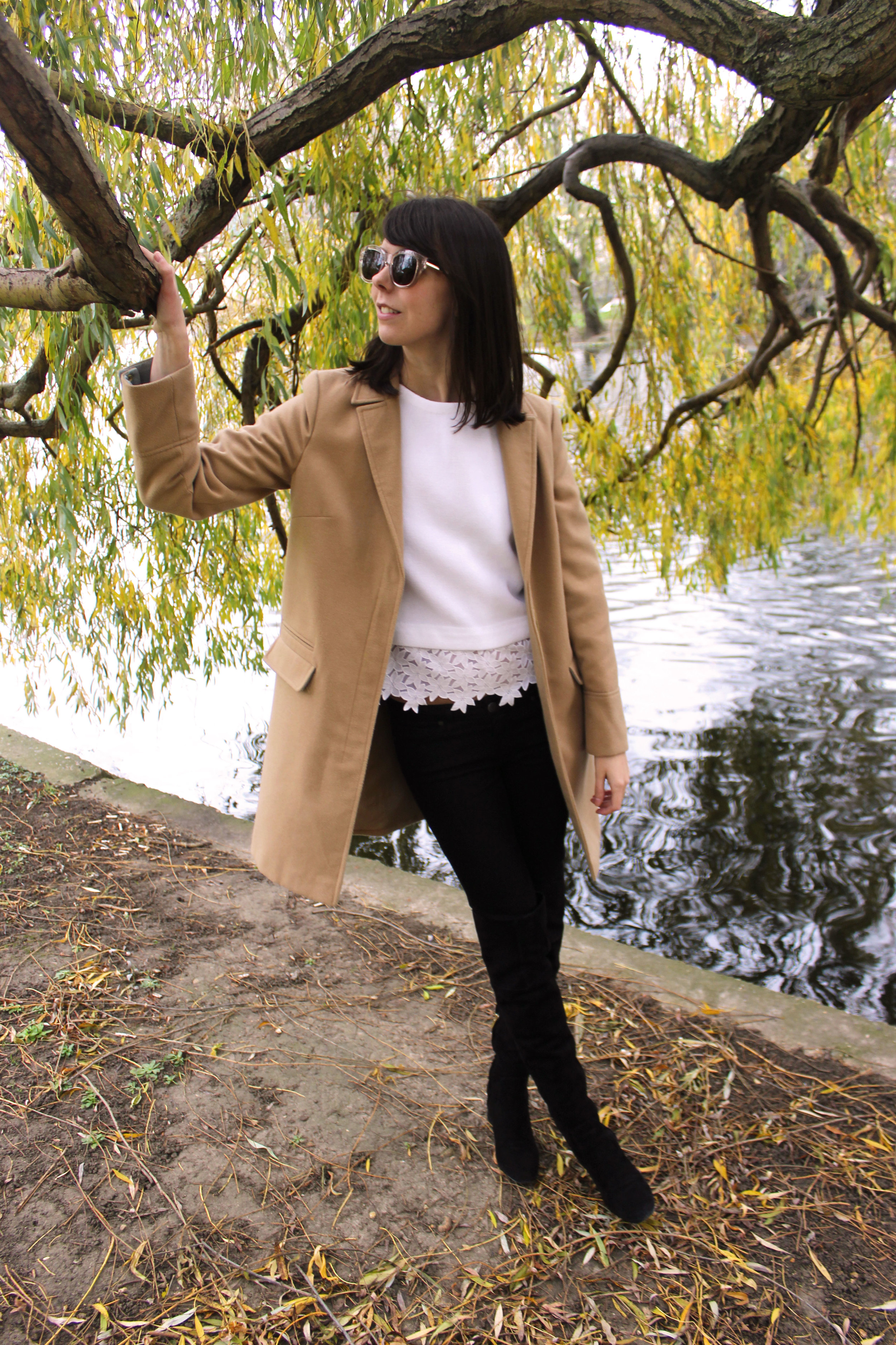 Camel coat paired with suede over the knee boots for fall and winter.