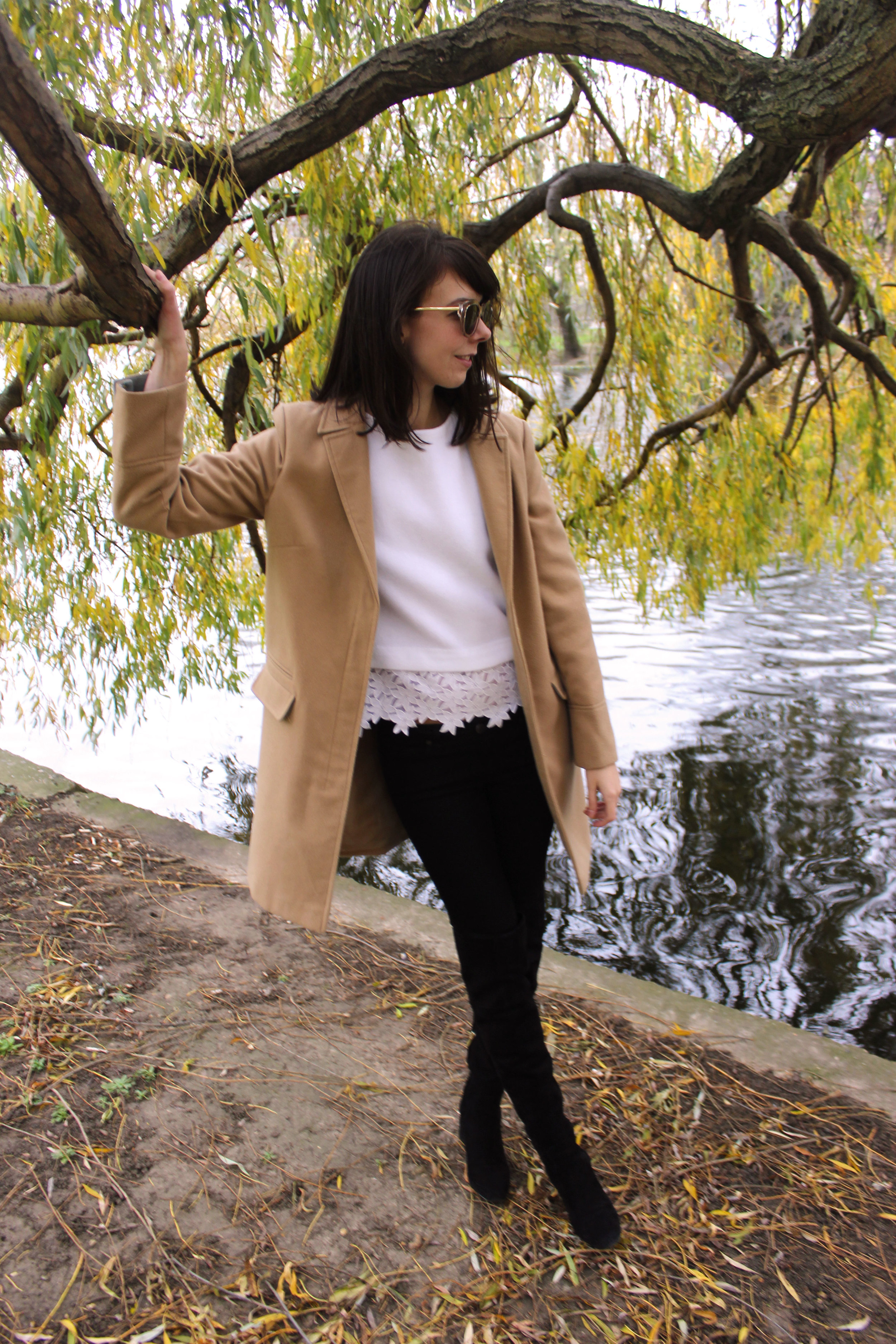 Wandering beneath the willows in Regent's Park London wearing a Topshop camel coat and suede over the knee boots.