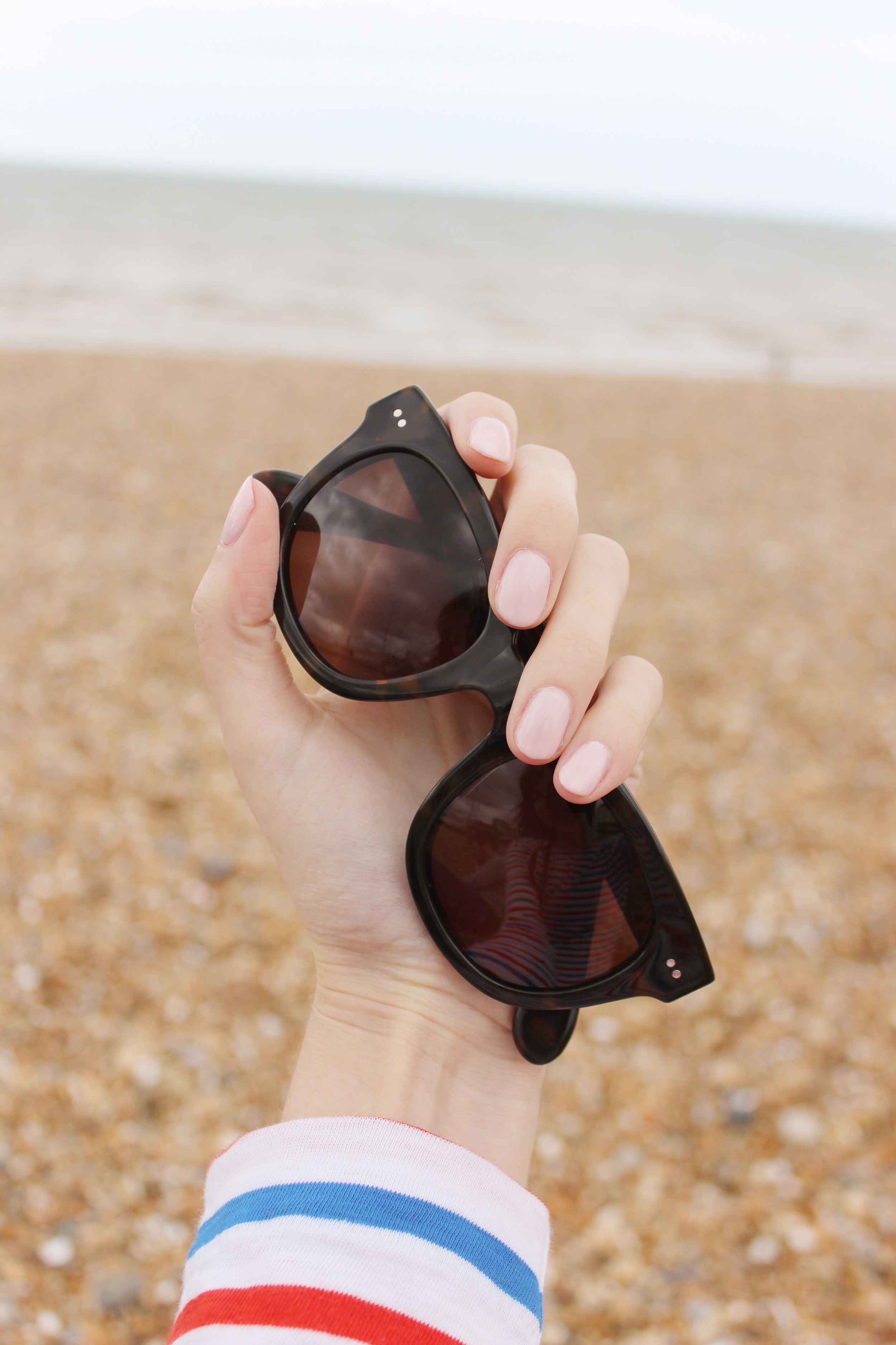 A beach day in Brighton, England - Madewell headliner sunglasses, Essie ballet shoes polish, J.Crew striped shirt