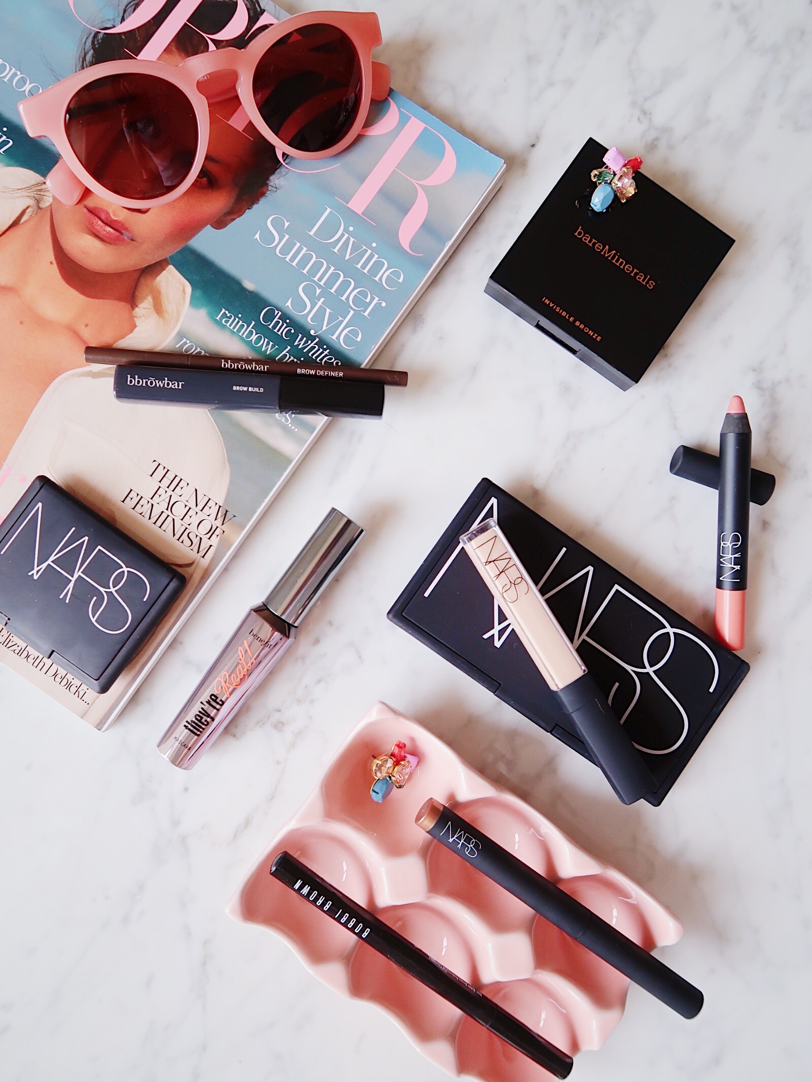 Summer Makeup Staples | Bobbi Brown eyeliner, Nars shadow stick, Nars creamy concealer, BareMinerals bronzer, Benefit They're Real mascara, Blink Browbar eyebrow gel | Sundays and Somedays