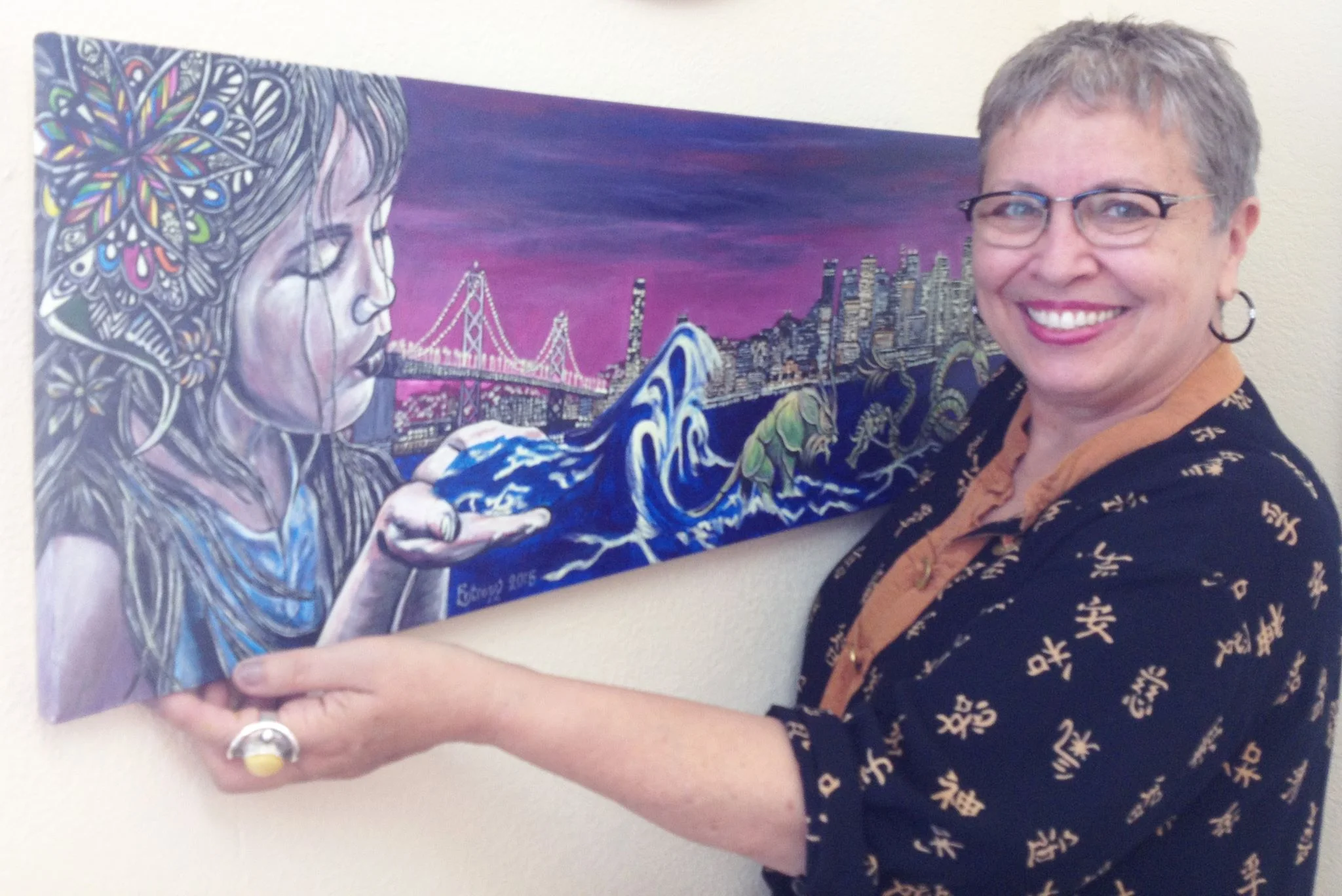 Barbra installing my piece "Beyond the Great Wave". Photo by ARTescape