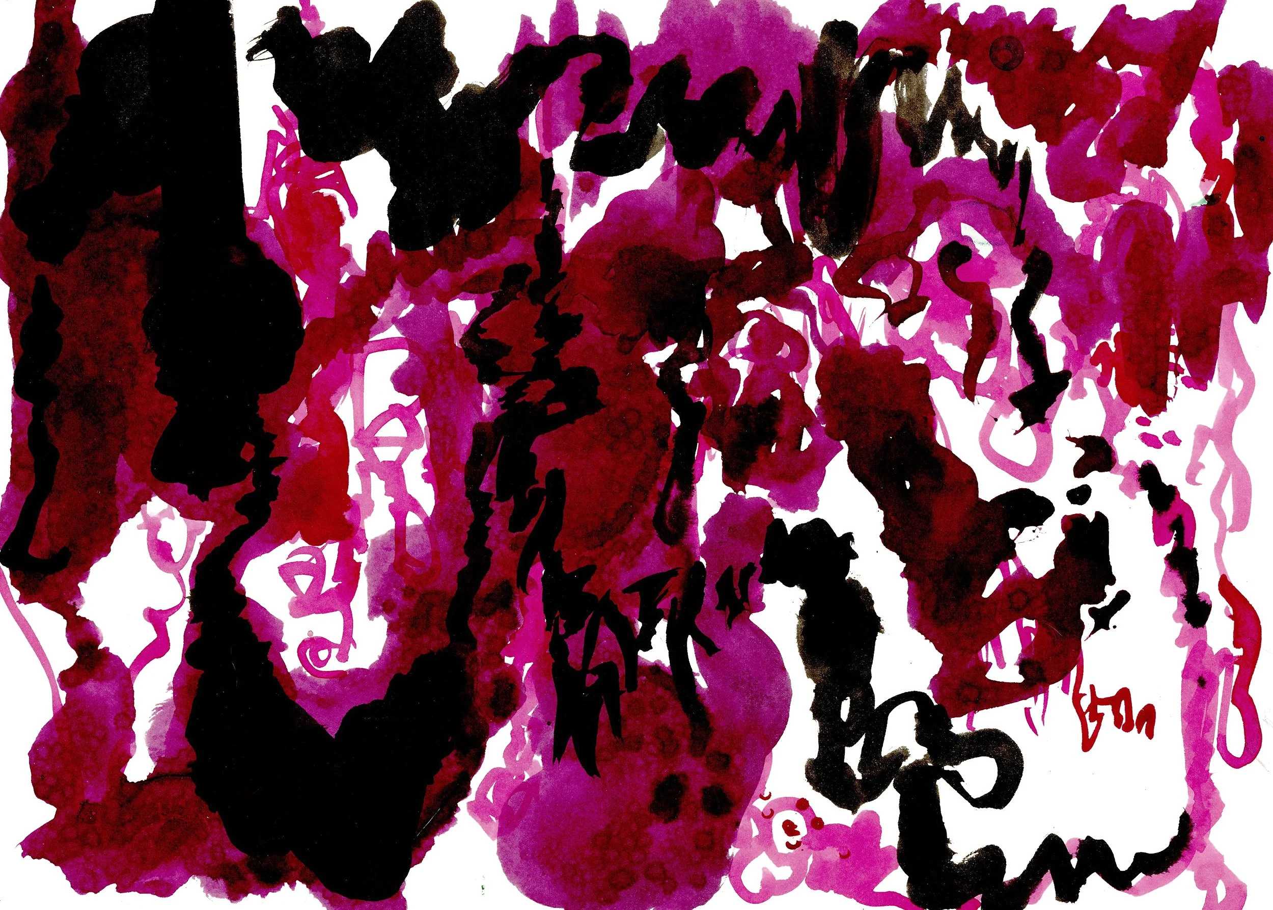 Abstract ink painting in magenta and black on white cotton paper; textile design