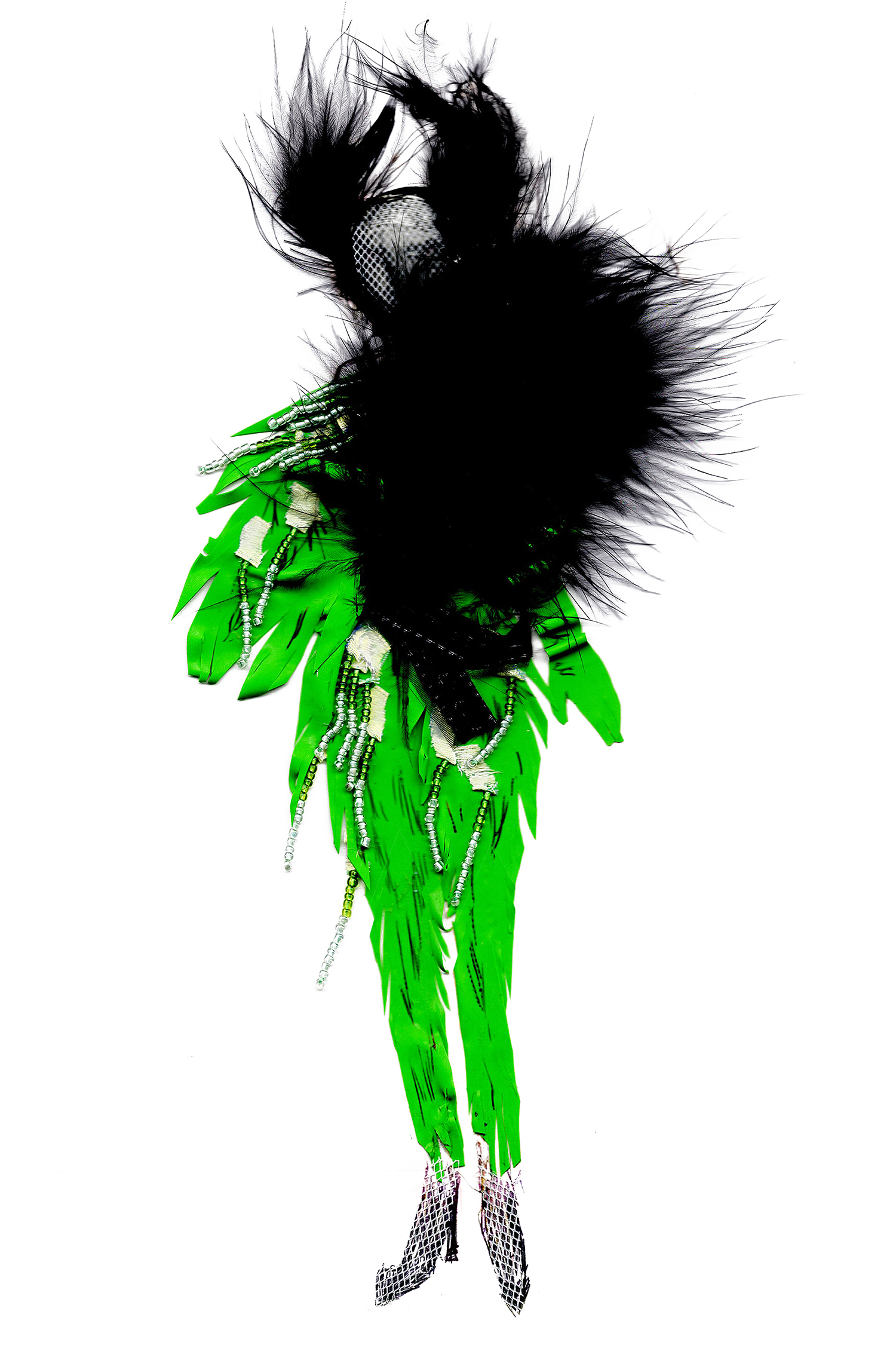 Latex ballon, beads, feathers, collage on paper