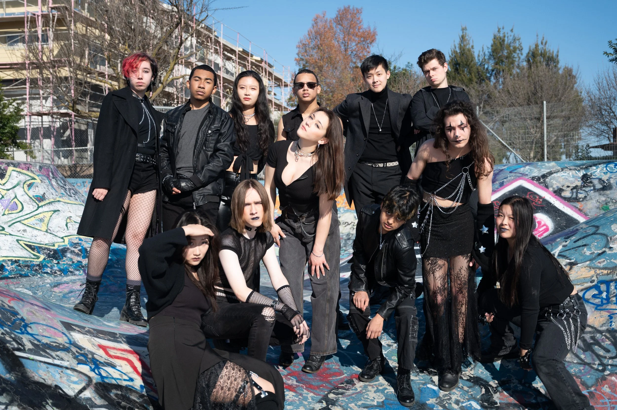 A group of young people dressed in alternative, goth, or punk style clothing posing on a graffiti-covered skate park ramp outdoors on a sunny day.