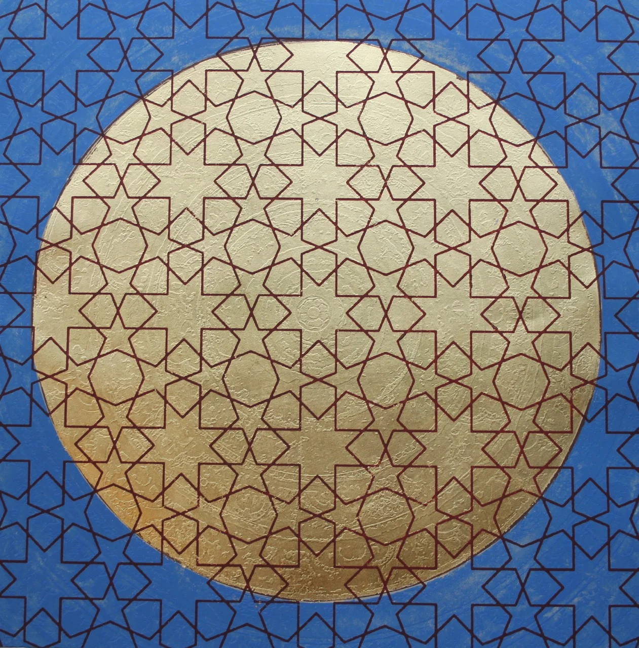 Cosmic Triptych(Brilliant Blue with Gold Leaf) Etching & monoprint with screenprint,22 carat gold leaf,pigment & wash Size: 69cm x 184cm Image is just one of the three in the triptych.