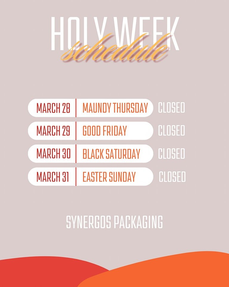 Dear Valued Customers, 

Please be informed that our operations will be closed in observance of Holy Week. We will be closed from March 28 to March 30.  Regular operations will resume on April 1, 2024. 

We kindly request you to plan ahead and send u