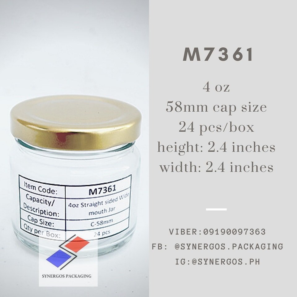 Dear Valued Customers,

This is M7361 Straight sided mouth jar

📏 Height: 2.4in
📐 Width: 2.4 in
📦24 pcs per box

Message us to inquire and order the M7361
Here are our contact numbers and store hours:
Mobile: 0919 009 7363
Landline: 8359 6527
Stor