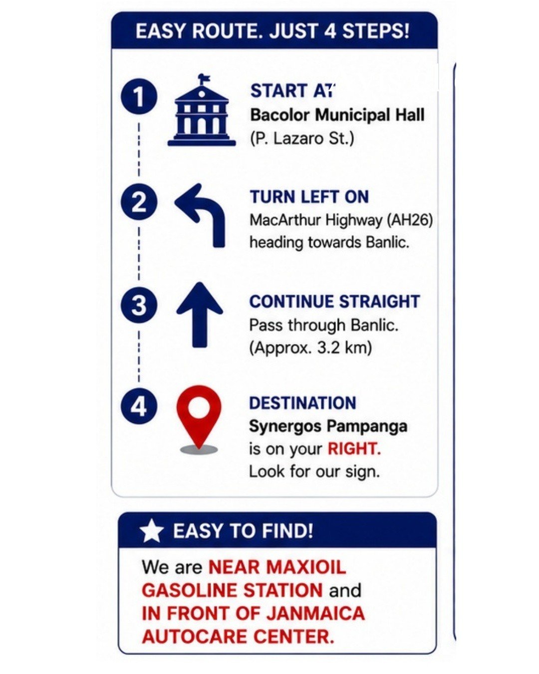 📍 HOW TO GET TO SYNERGOS PAMPANGA BRANCH

Planning to visit us? It's easy!

Starting from Bacolor Municipal Hall:
➡️ Head towards MacArthur Highway (AH26)
➡️ Turn onto MacArthur Highway going towards Banlic
➡️ Continue straight for a few minutes
➡️ 