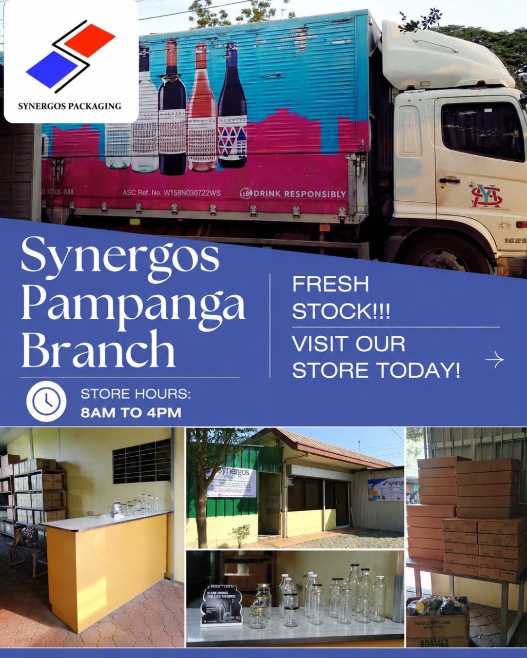 🍾 Looking for quality glass bottles and caps?

Visit Synergos Packaging Pampanga Branch, your trusted packaging partner and authorized distributor of San Miguel Yamamura Packaging Corporation.

We offer a variety of glass bottles, jars, and caps. 

