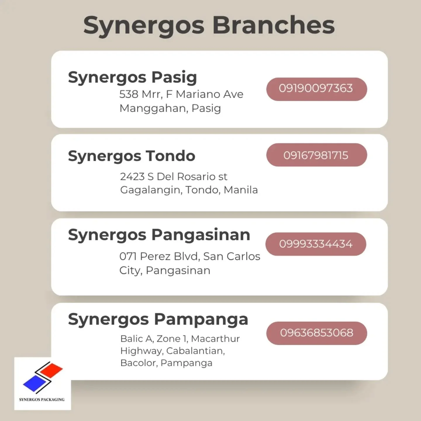 📍 Find the Synergos Packaging Branch Nearest You!

Synergos Packaging is an authorized distributor of San Miguel Yamamura Packaging Corporation. 

Visit any of our locations:
📍 Synergos Pasig
📍 Synergos Tondo
📍 Synergos Pangasinan
📍 Synergos Pam
