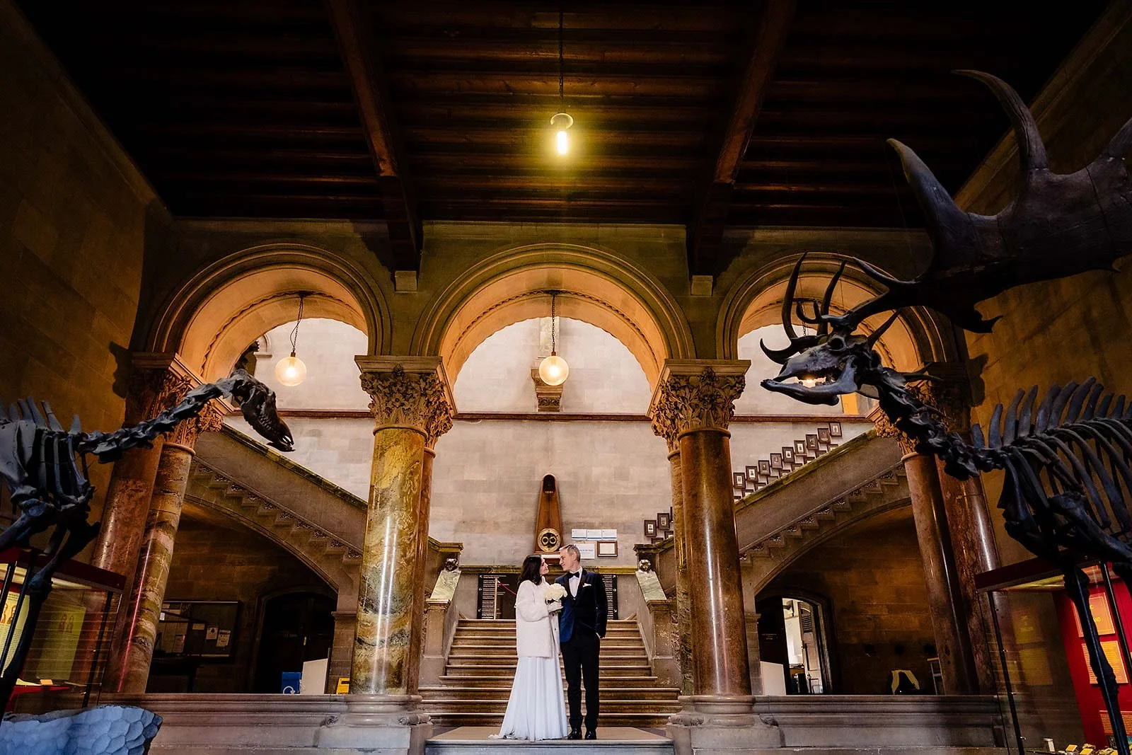 Trinity College Dublin wedding photography – bride and groom with deer in the Museum Building