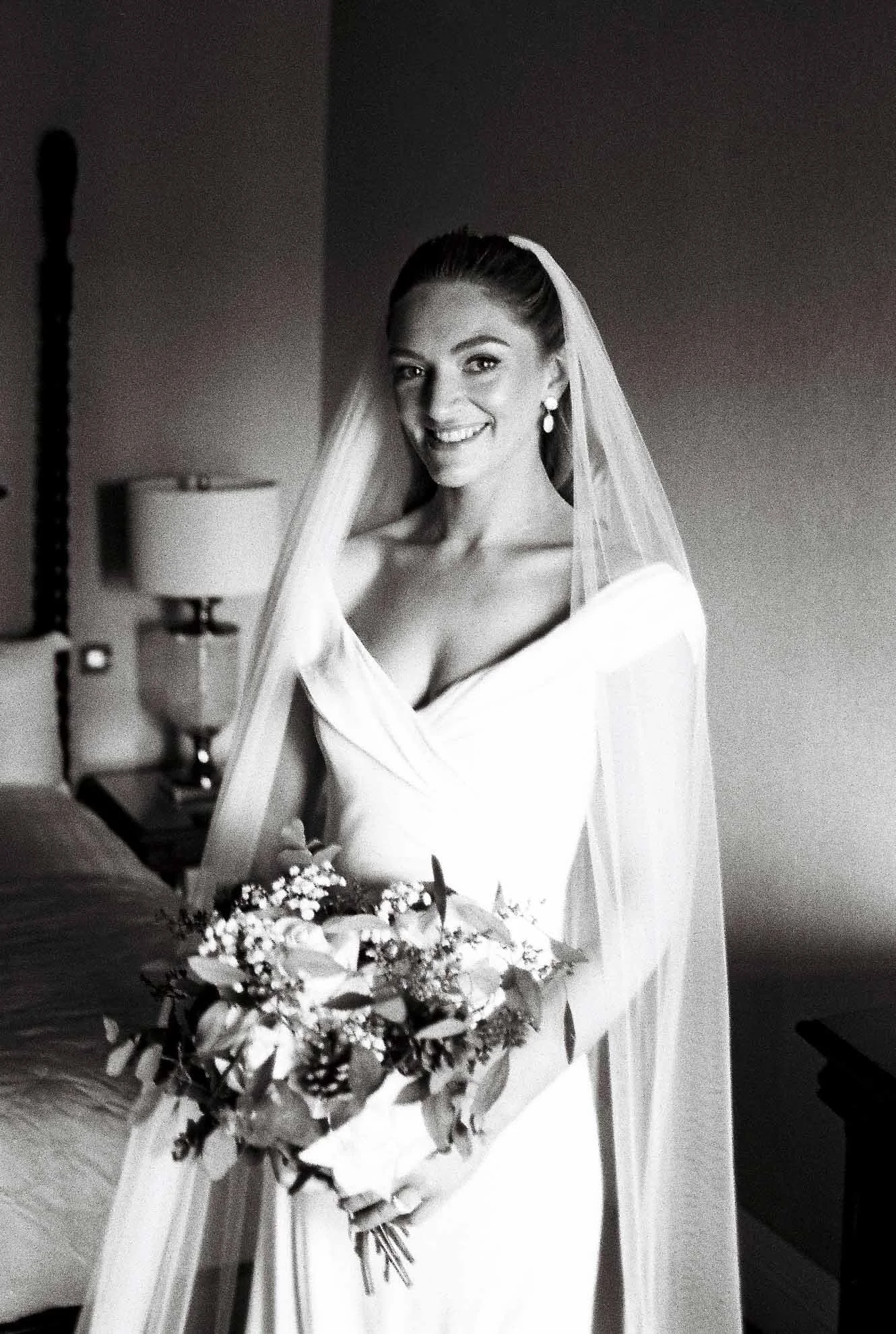 black and white film portrait of bride in bridal suite kilkea castle