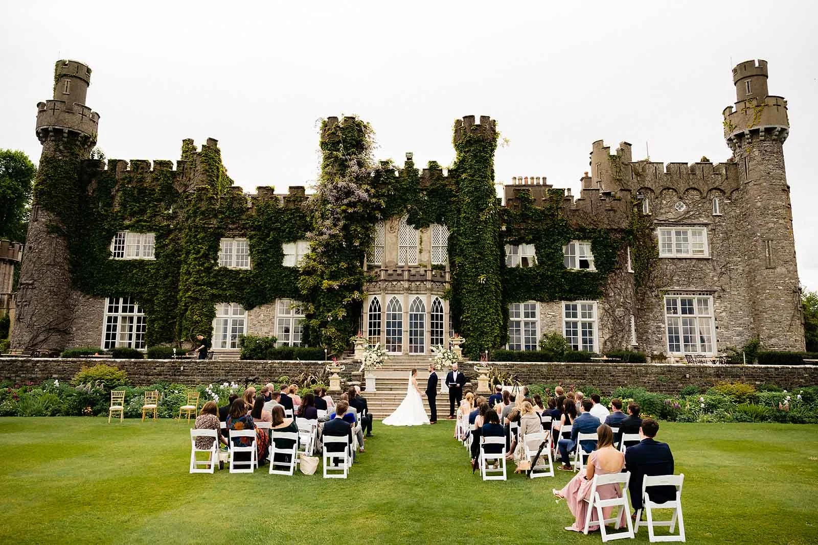 Outdoor ceremony in luttresltown caslte dublin out the back of the castle.