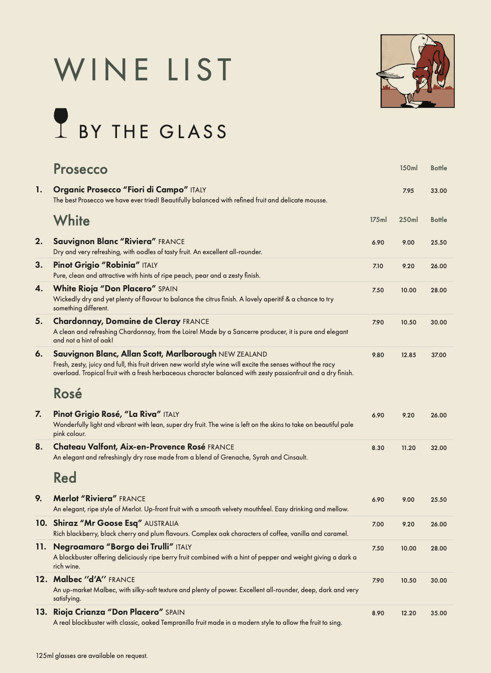 Image of wine list at the Fox & Goose