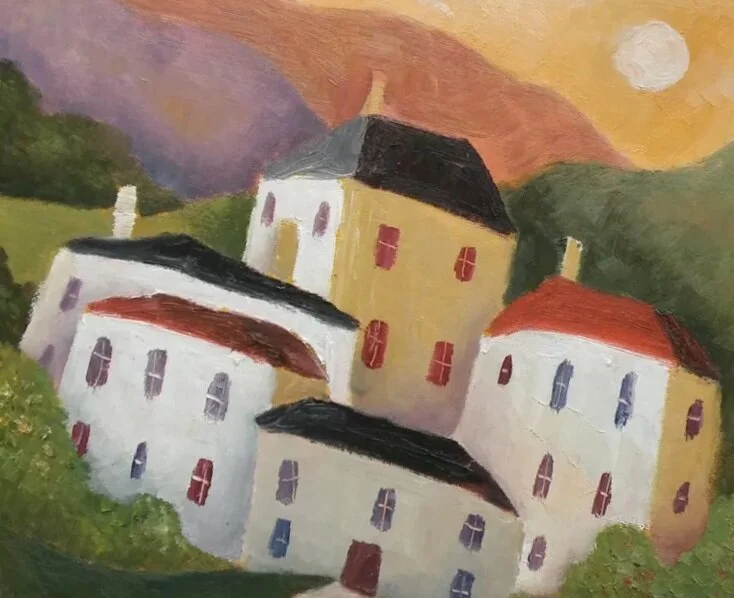 Original oil on canvas "Little Hilly Townscape"