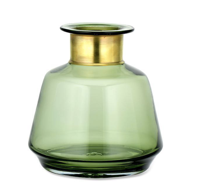 Subtle Green Glass Vases - with brass collar, layer for a boho style