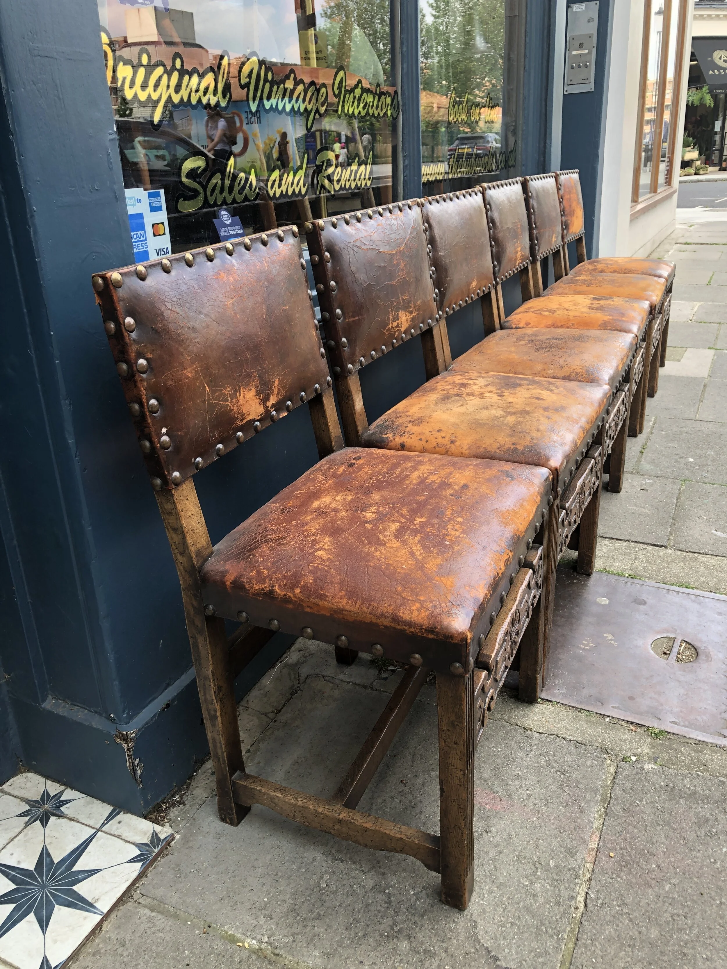 6 Oak &amp; studded leather Cromwellian style dining chairs