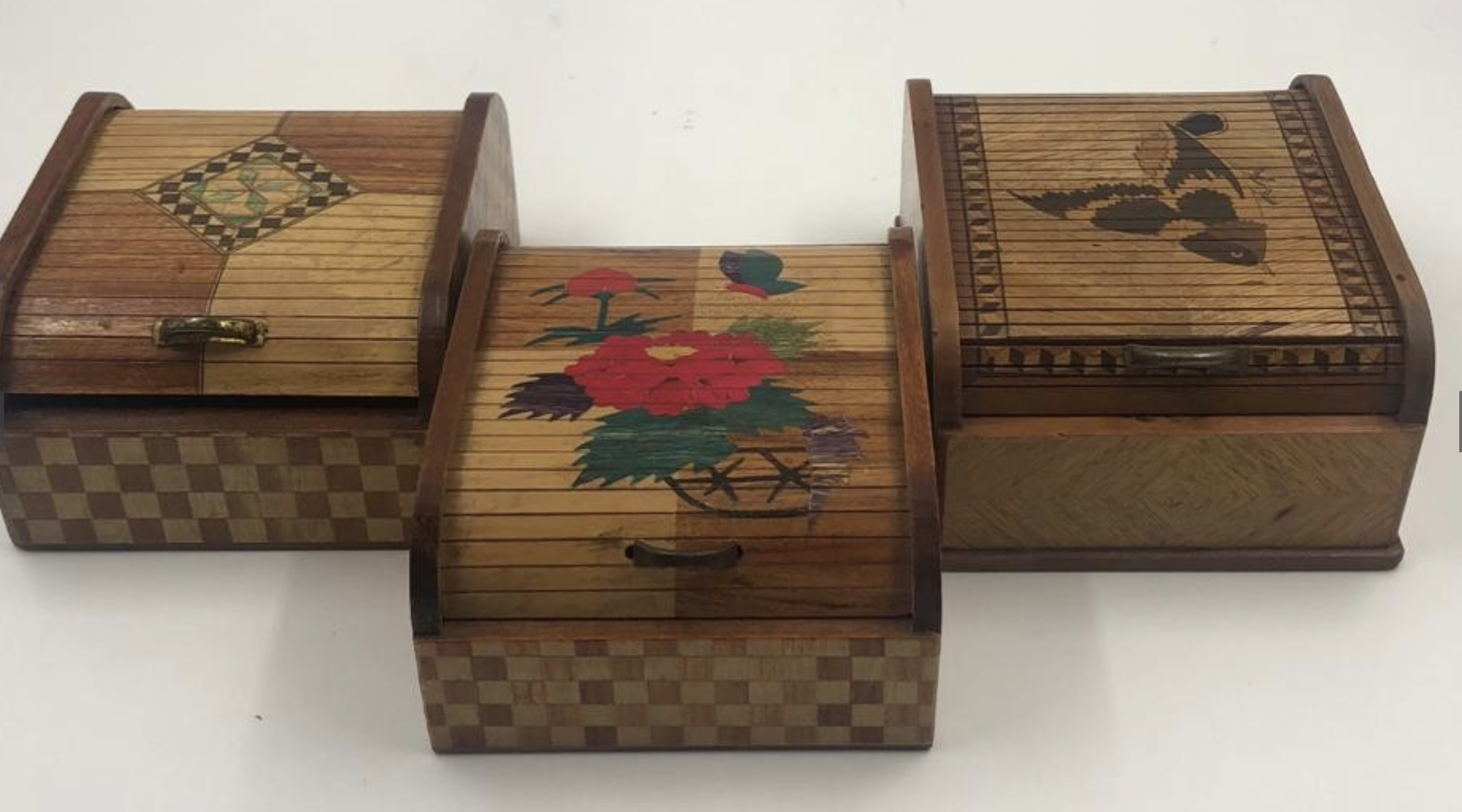 3 x vintage Japanese small roller shutter wooden STORAGE BOXES