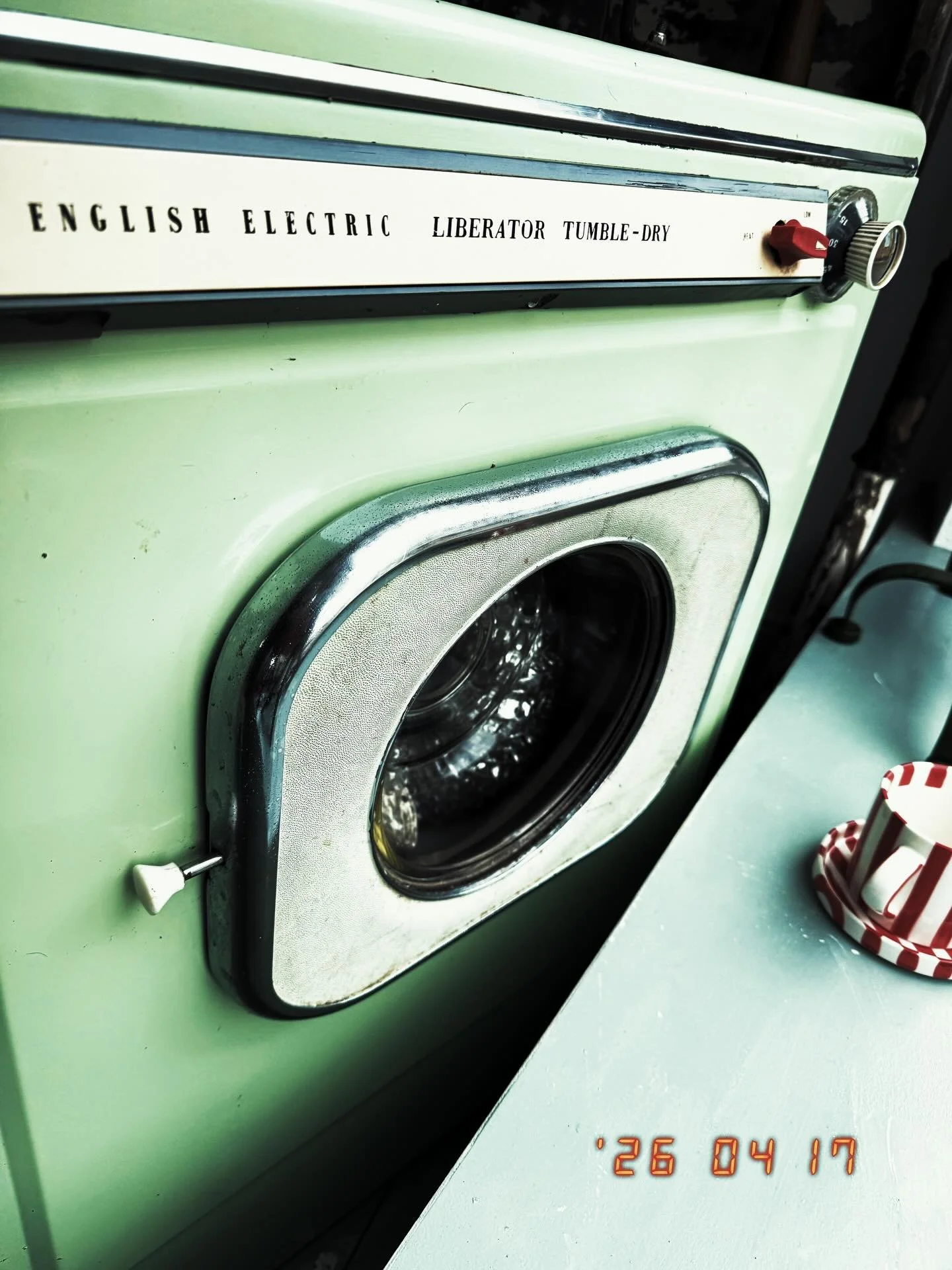 The #LIBERATOR tumble dryer!  1961 ad campaign &ldquo;As the weather is overcast and rainy after the eclipse let the English Electric 4062 tumble dryer take care of your clothes&rdquo;. Thankyou to @hansonscornwall.co.uk for holding it back from land