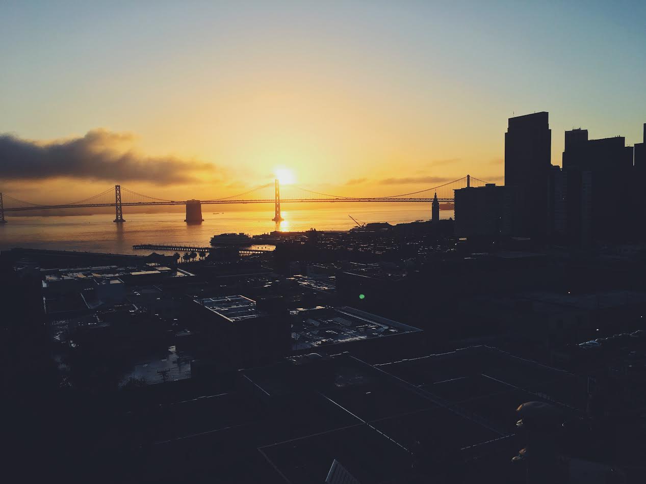 View of the sunrise and San Francisco Bay Bridge