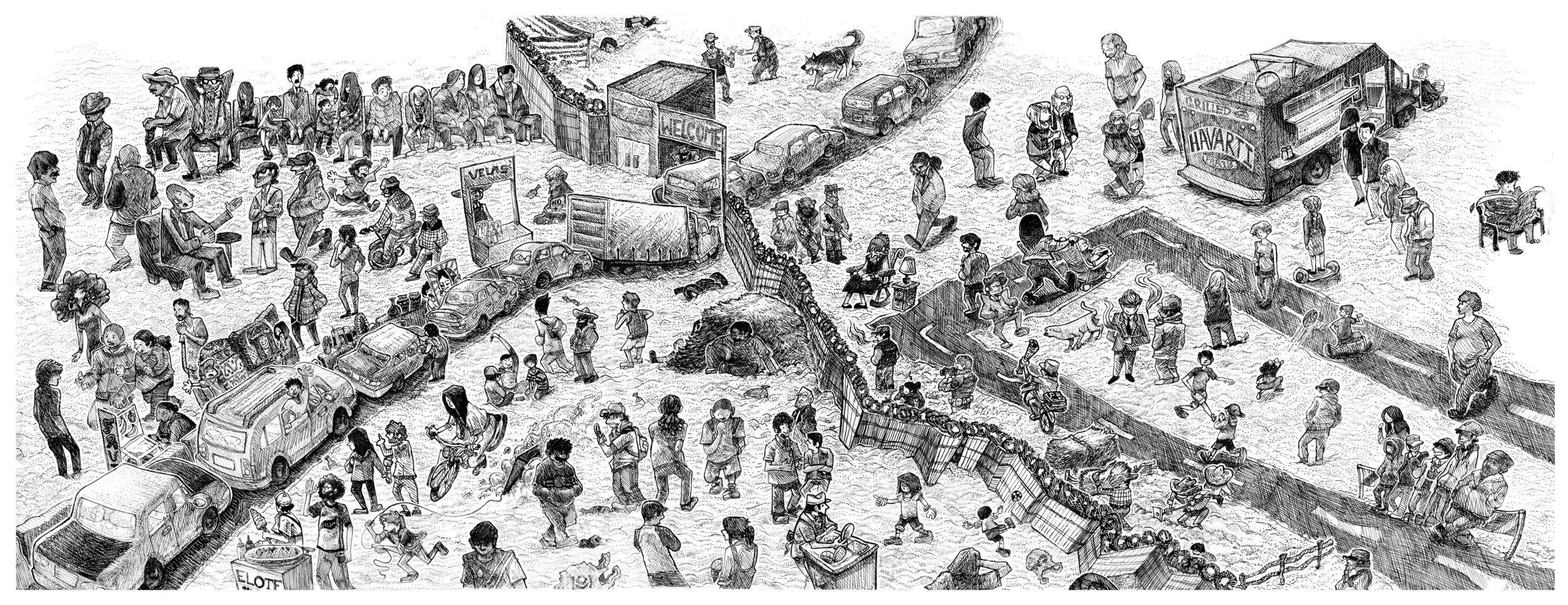 "Borders" is a graphic novel prototype that aims to highlight the many perspectives of immigration. The novel would jump between multiple characters from Mexico and the United States linked by an incident in an unnamed area between two neighboring border towns. The novel would be narrated in an unbiased manner and make a case for both anti/pro immigration stances and aims to allow all sides to learn more from each side's perspective.