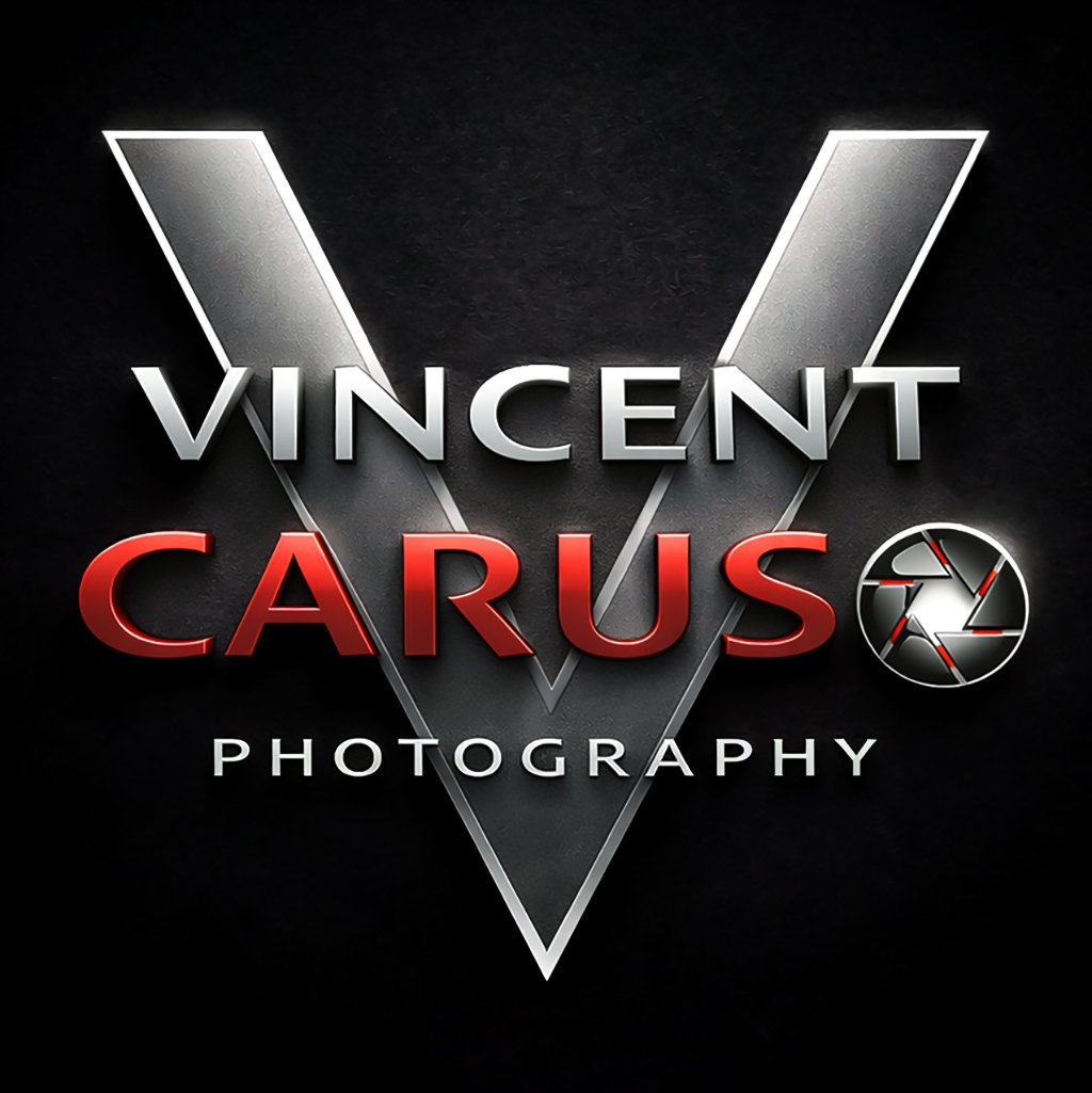 Photograph of a logo with the text 'VINCENT CARUSO PHOTOGRAPHY' on a black background, featuring a large stylized V and a camera aperture icon.