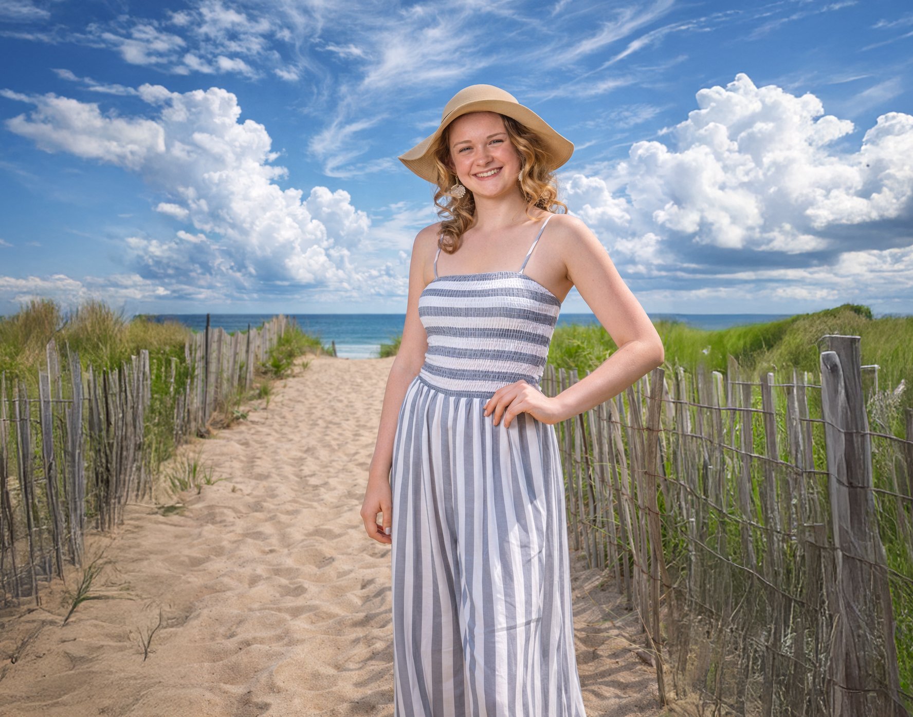 A young woman in a striped sundress and wide-brim hat standing on a sandy beach path with green dunes and the ocean in the background under a blue sky with clouds.