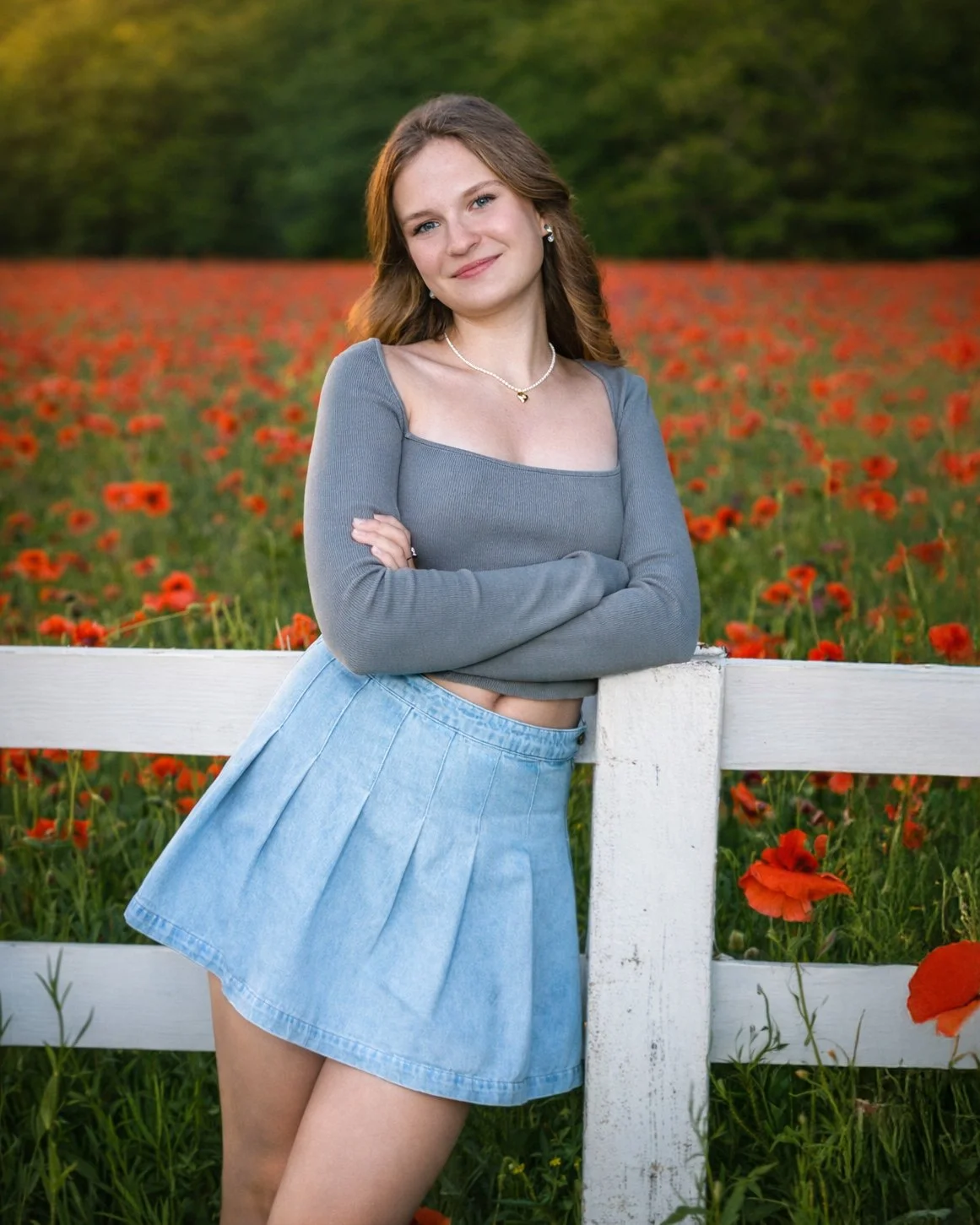 A young woman with long brown hair smiling, standing by a white wooden fence in a field of red poppies, with a background of green trees.