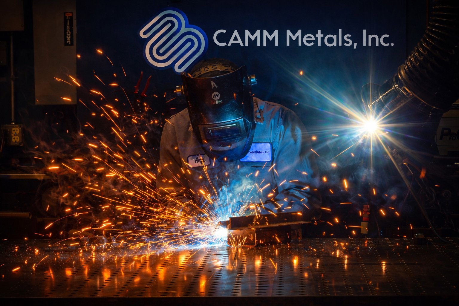 A person welding metal in a workshop, with sparks flying and welding equipment visible, behind a sign that reads 'CAMM Metals, Inc.'