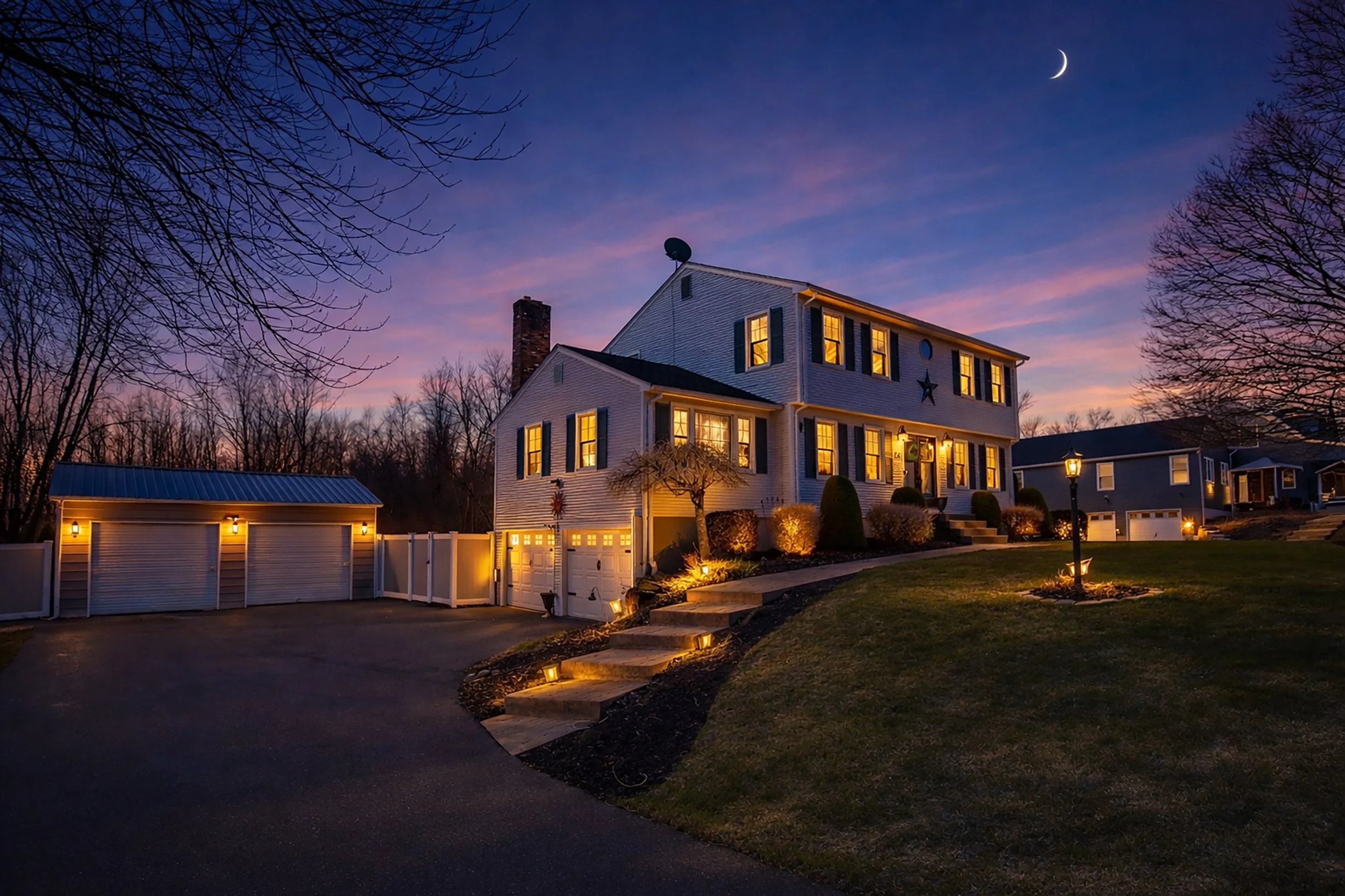 A two-story suburban house illuminated at dusk with warm interior lights, surrounded by a manicured lawn and trees, and moon in the sky.