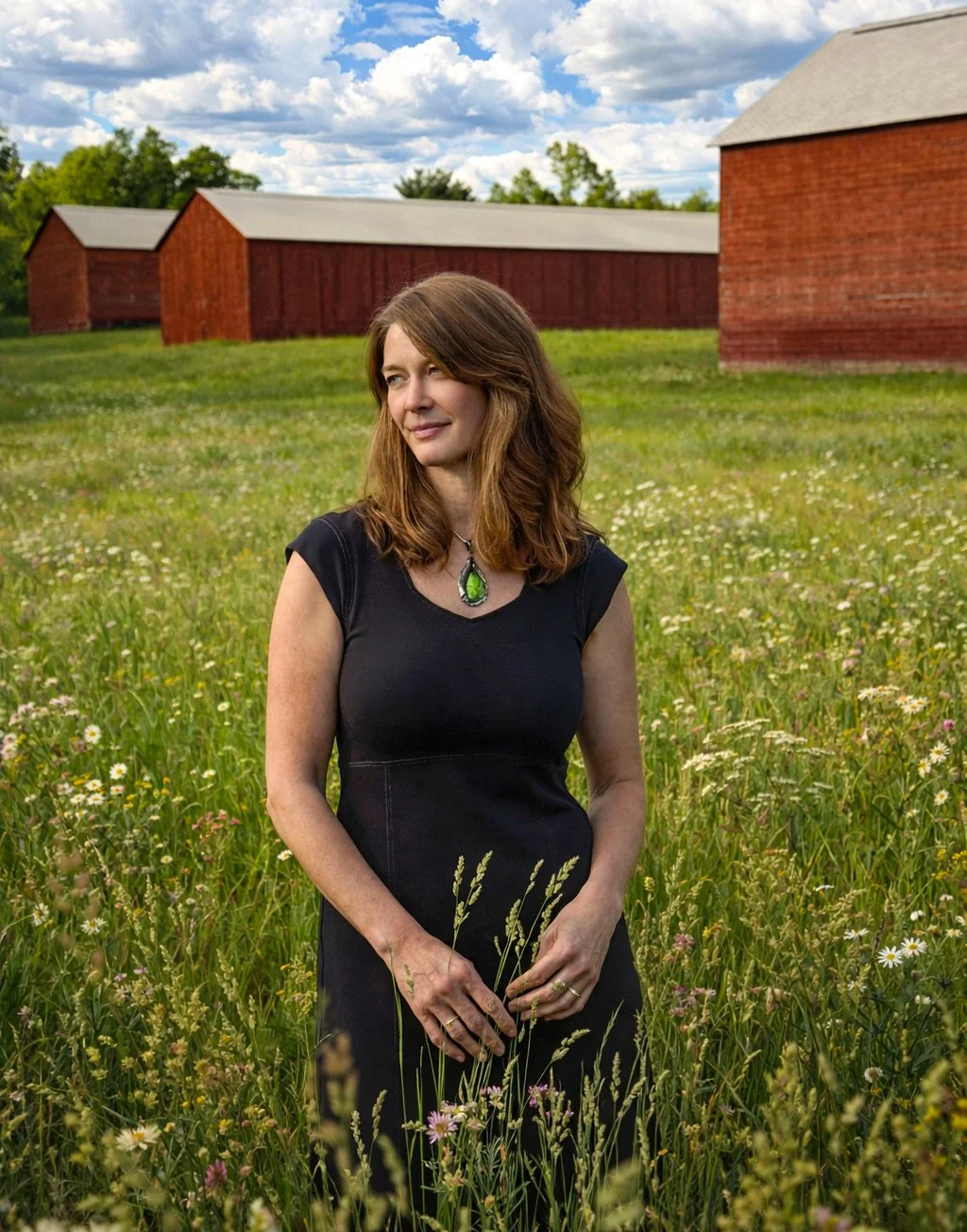 A woman in a black dress standing in a grassy field with wildflowers, with red barns and trees in the background under a cloudy sky.