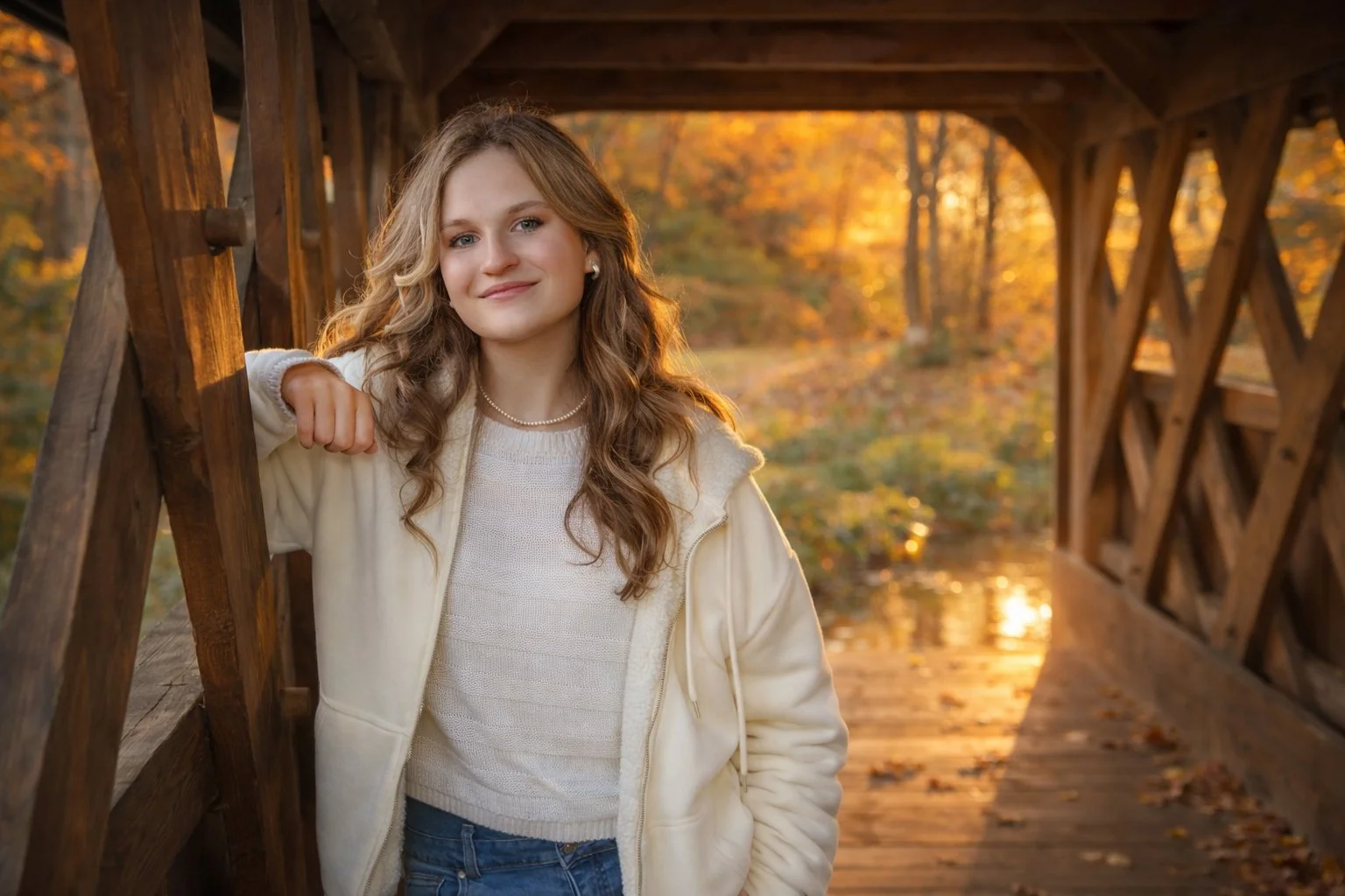 A young woman with long curly hair standing on a wooden bridge during autumn, with leaves and trees in the background and sunlight filtering through.