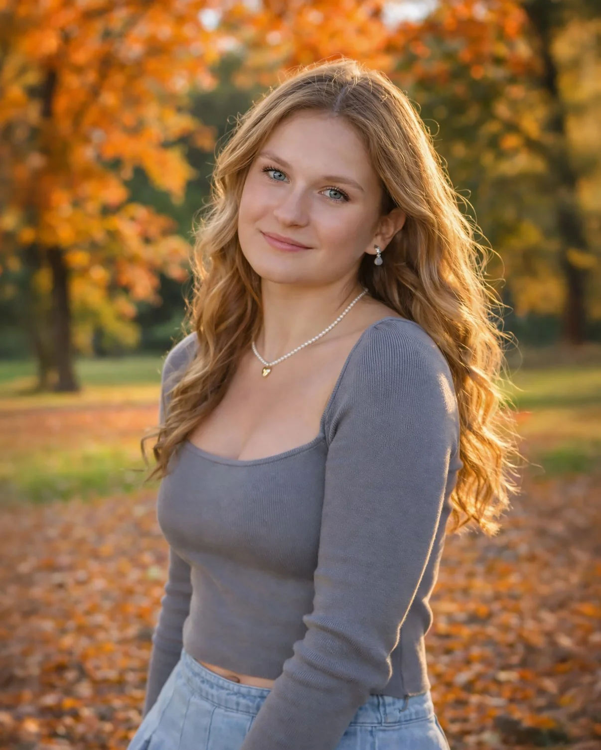 A young woman with long wavy red hair, blue eyes, wearing earrings, a pearl necklace with a heart pendant, and a grey long-sleeve crop top, standing outdoors in a park during autumn with colorful fall leaves in the background.