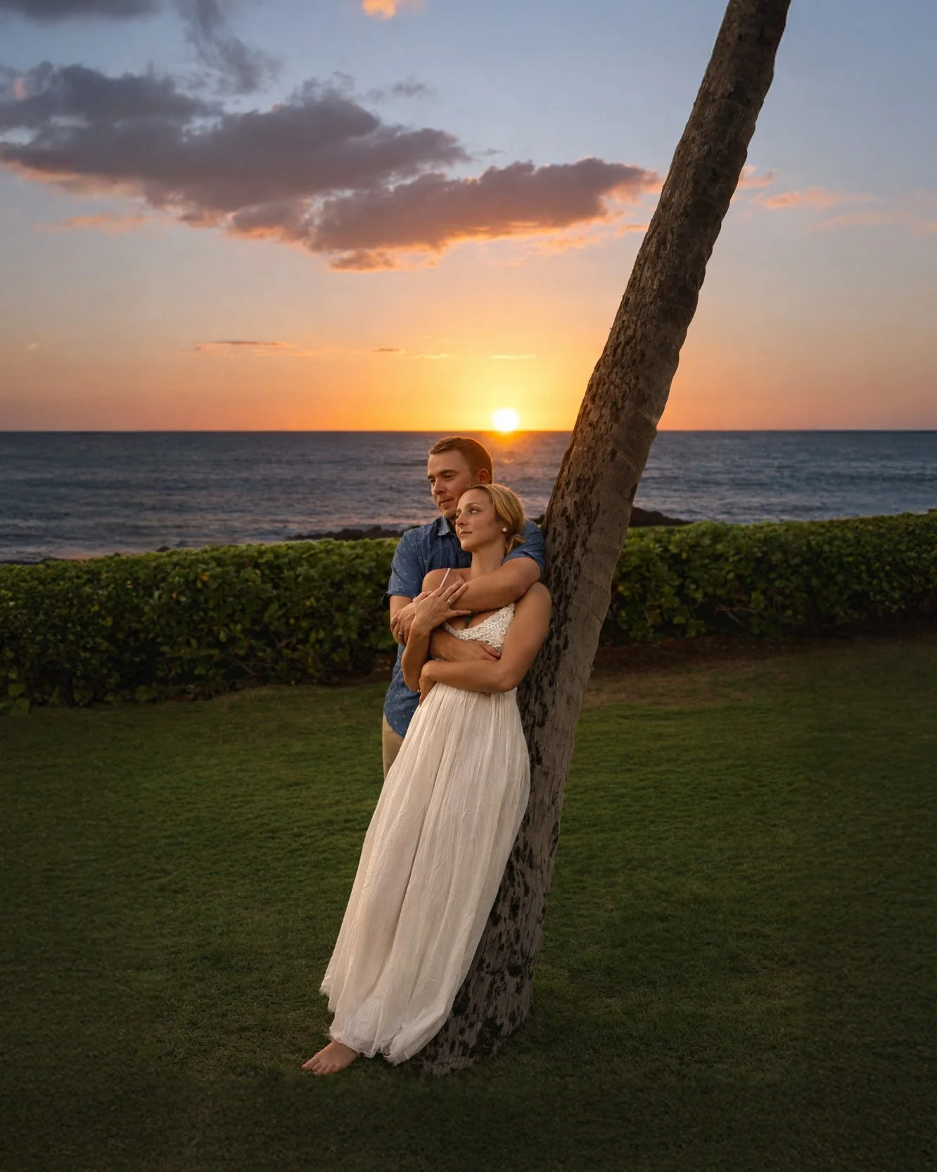 A couple embraces near a leaning palm tree on a grassy area by the ocean during sunset.