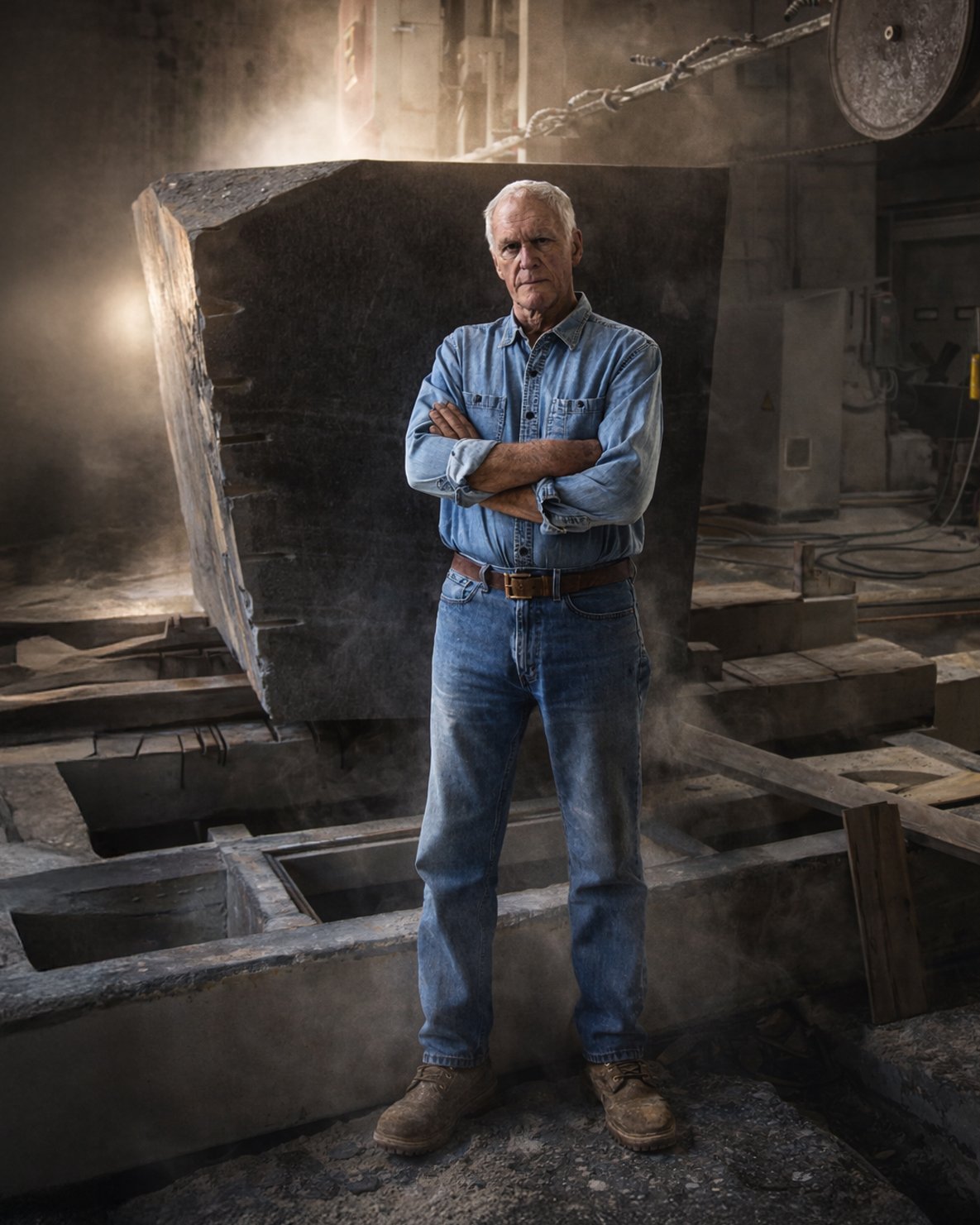 A man standing with crossed arms in an industrial workshop with large machinery and concrete structures around him.
