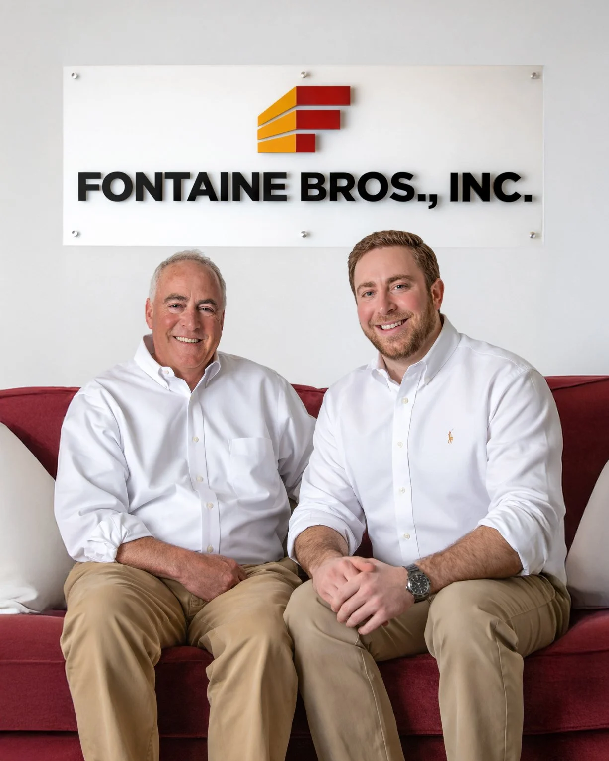 Two men sitting on a red sofa in front of a sign that reads 'FONTAINE BROS., INC.' with a logo above it.