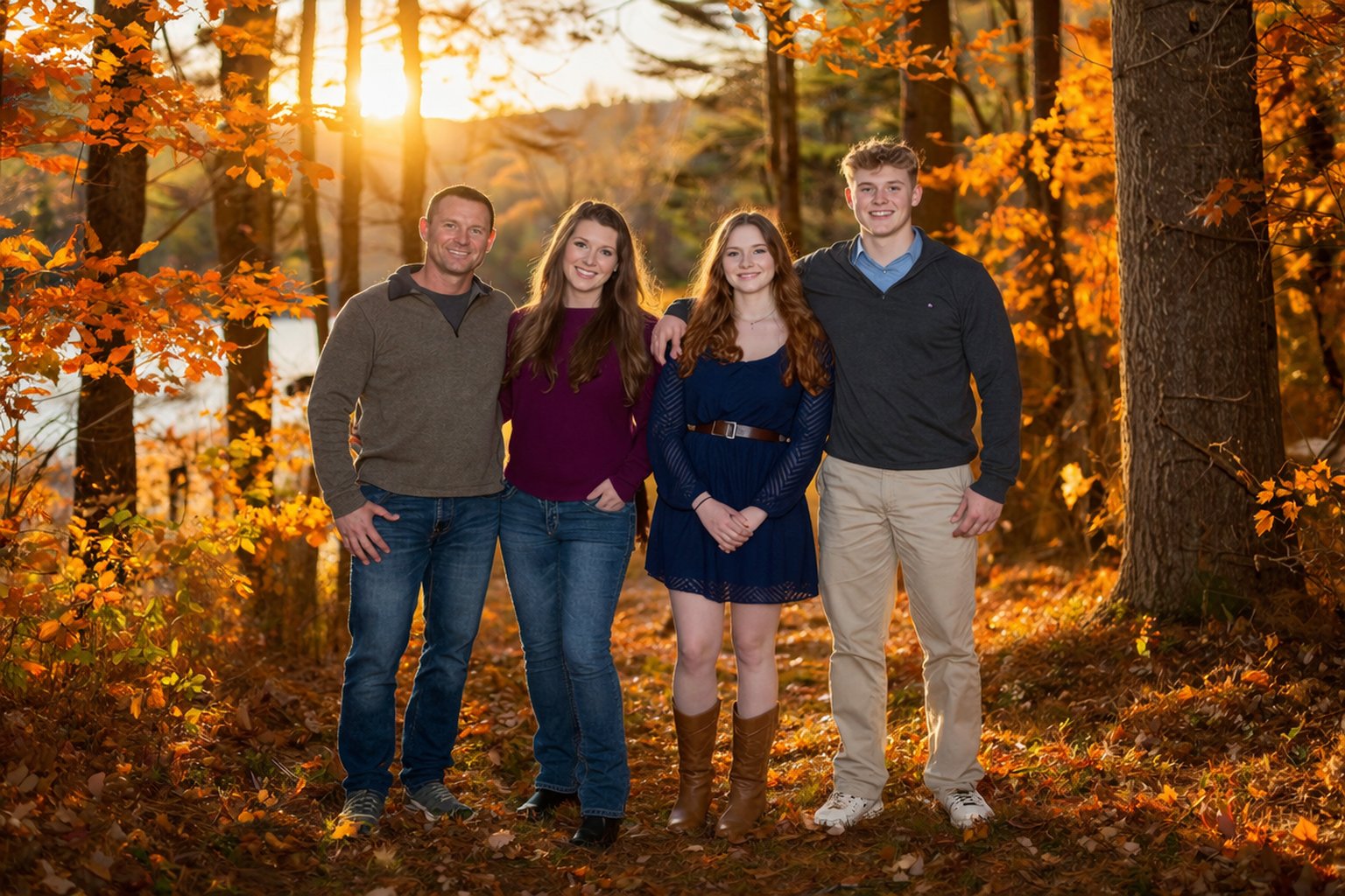 A family of four standing together outdoors in a forest during autumn, with orange and yellow leaves on trees and the sun setting behind them.