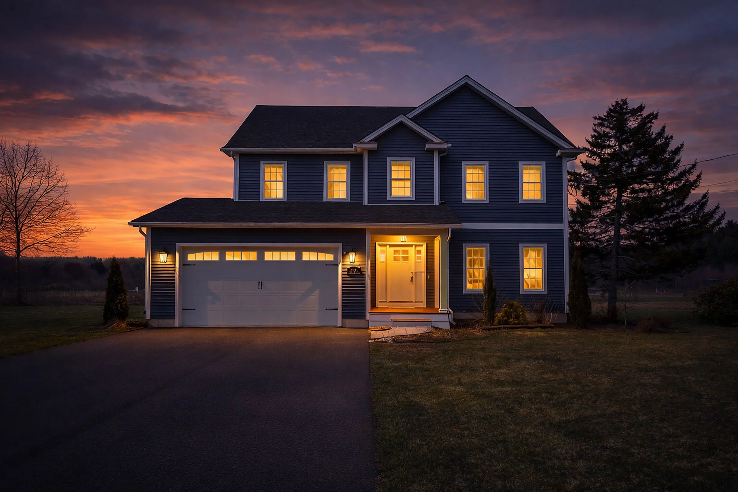 A two-story blue house with lit windows and a garage at sunset, with a paved driveway and landscaped yard.