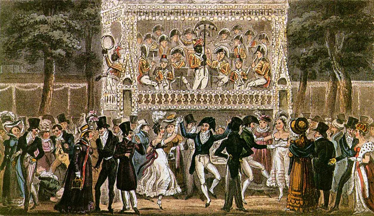 George Cruikshank, Tom, Jerry and Logic, making the most of an Evening at Vauxhall, engraving (David Coke's collection), 1821