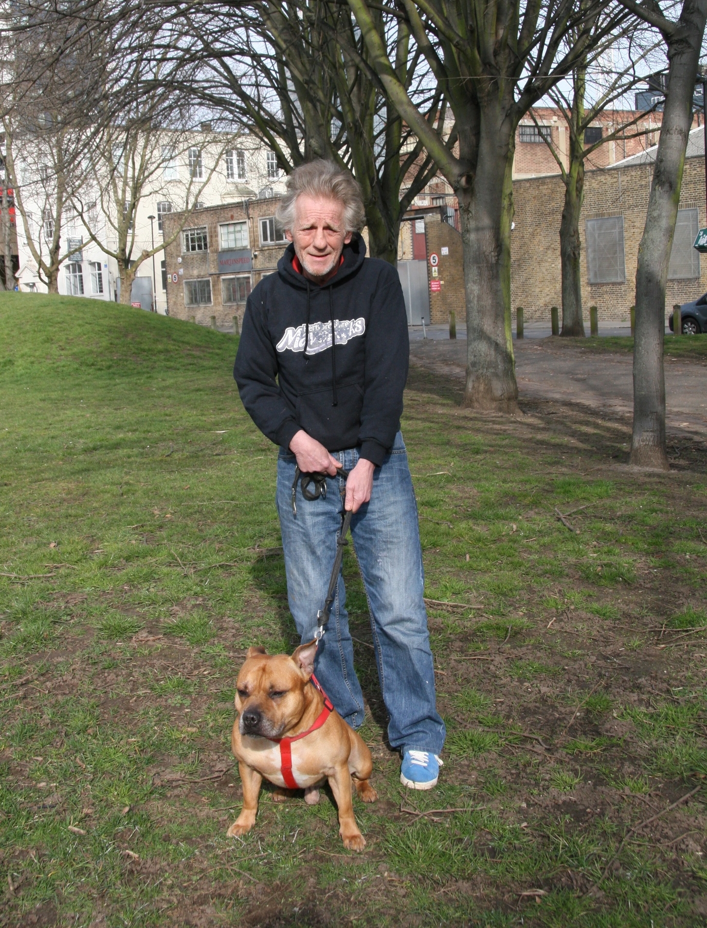 Staffie Prince with his owner Peter