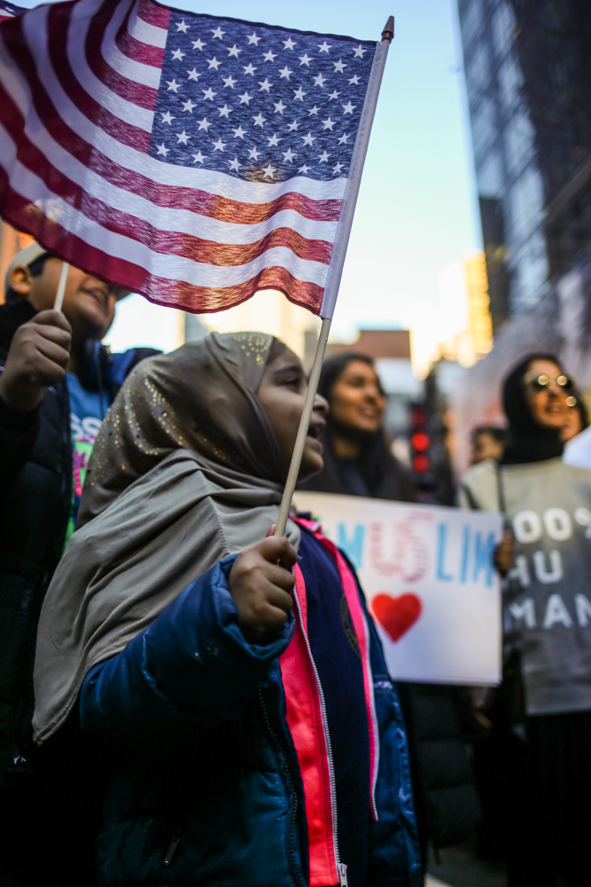  A young girl chants with a crowd and her little brother at the I Am A Muslim Too rally // February 19th, 2017 // New York City 