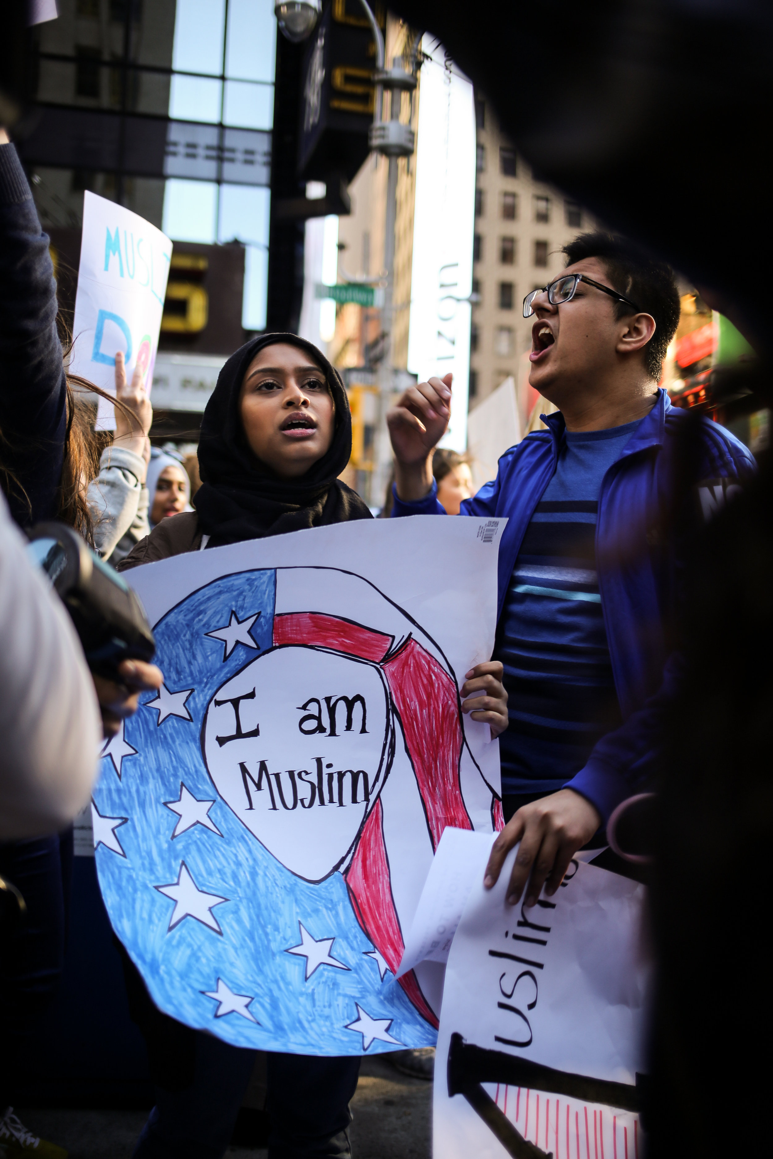  A Muslim girl and a group of her friends shout loudly about freedom of speech and hate crimes at the I Am A Muslim Too Rally // February 19th, 2017 // New York City. 