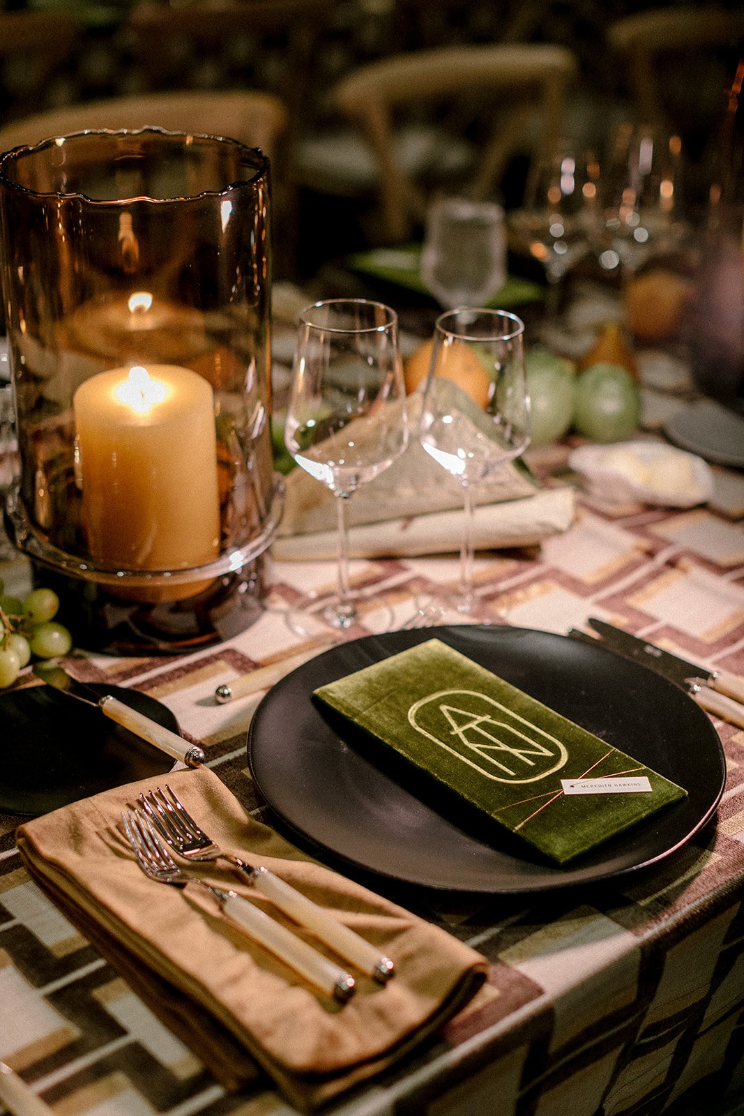 Custom velvet monogrammed dinner menus for your wedding