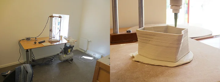 Delta Printer that I used at Guldgergaard, International Ceramic Research Center.  Jonathan Keep has put this together. I was fortunate enough to take his workshop at Guldagergaard. I am currently building the same printer at Emmanuel College …