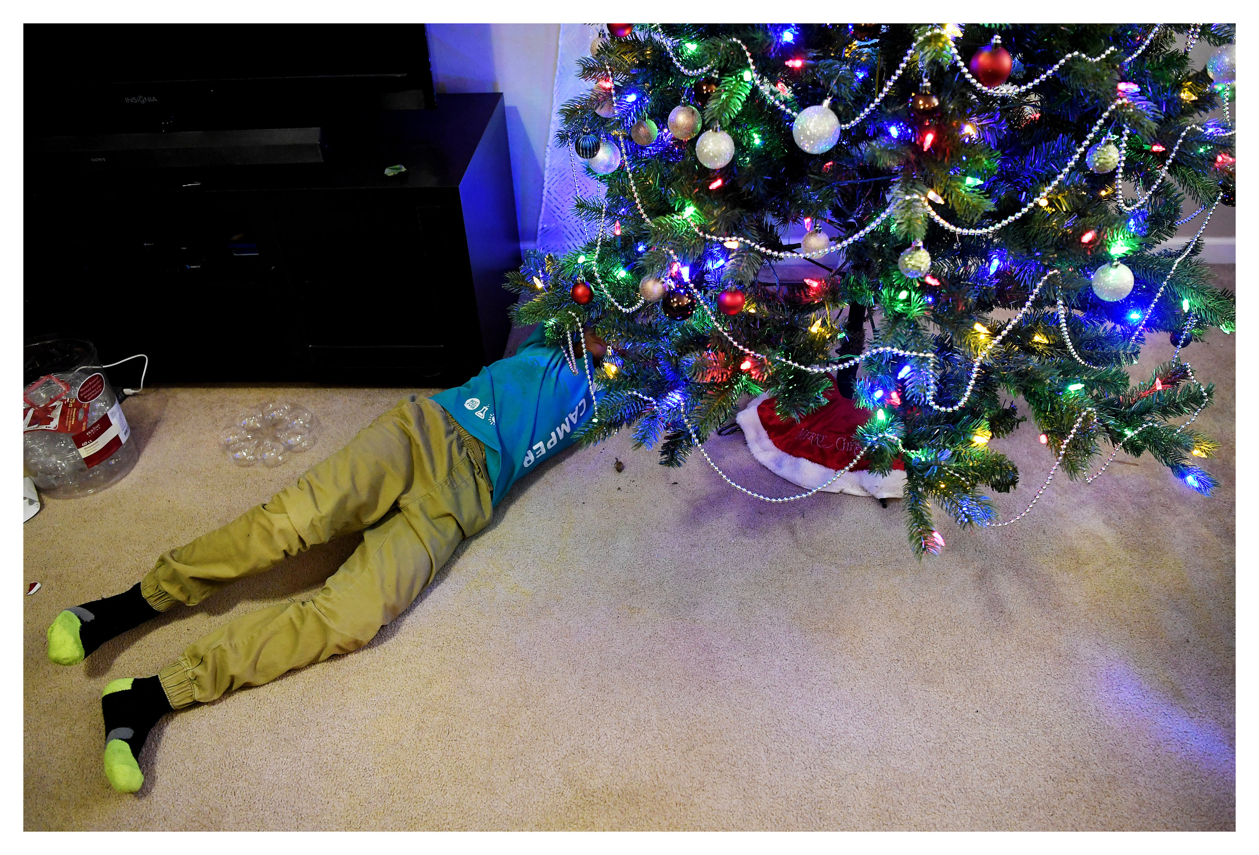  Emani crawls underneath the Wyatt family Christmas tree as he adjusts a decoration November 30, 2017. 