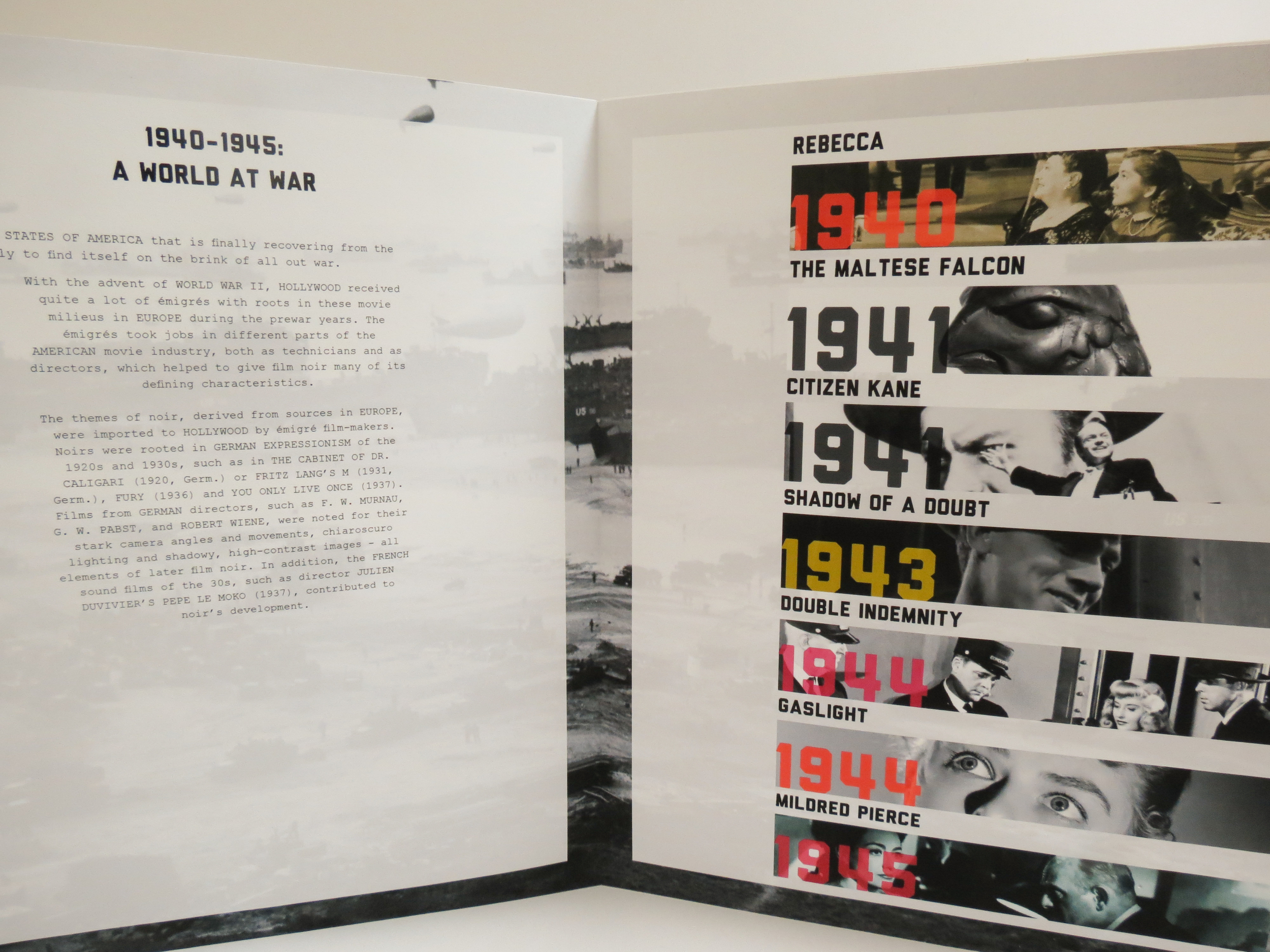 For each section, the left page gives some historical background for the time period, as well as what was going on in film noir. The body copy is in Courier to emulate a film script. On the right are strips showing what films are focused on w