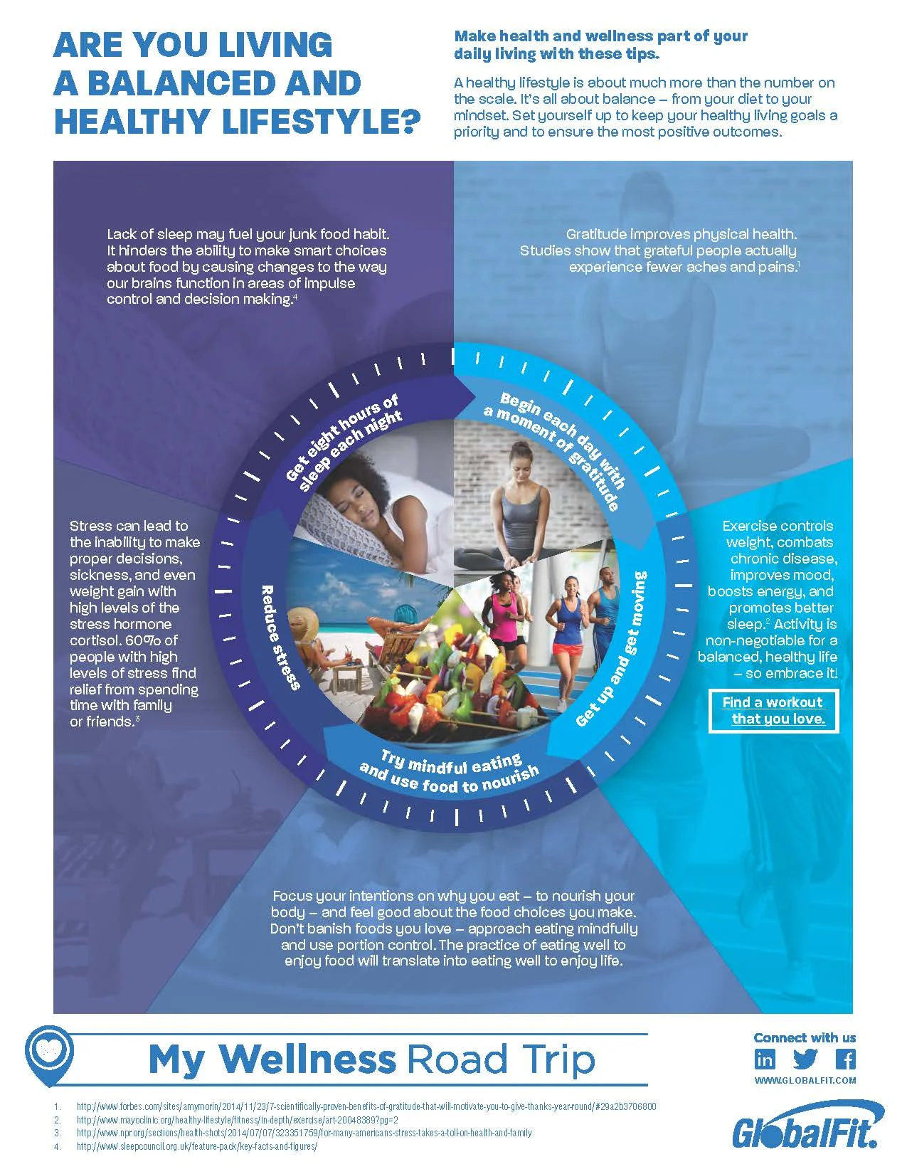  During my time at GlobalFit, we ran two year-long engagement campaigns that sent original content to members weekly. This asset is from the 2016 My Wellness Road Trip campaign, which won a GDUSA Health + Wellness design award. 