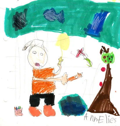 Here is a very nice drawing by Ann, of me painting outside. I painted outside when I made LITTLE DEVILS.