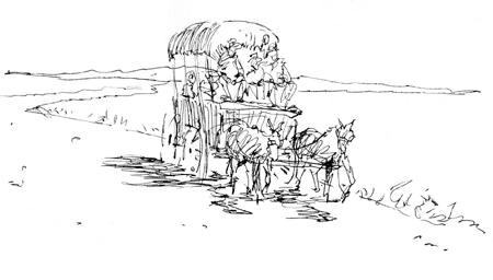 I went to Wyoming to travel on the Oregon Trail for a book called Mississippi Mud and made tons of sketches. We rode with a real Conestoga wagon. But I traveled mainly on horseback – it is too bumpy in a Conestoga wagon! You have to draw in a very s