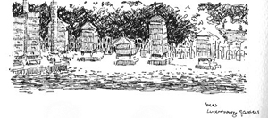 I'll draw anything, anywhere and any time. Here are some bee boxes at Luxembourg Gardens in Paris. Yes, the bees did buzz me while I drew them.